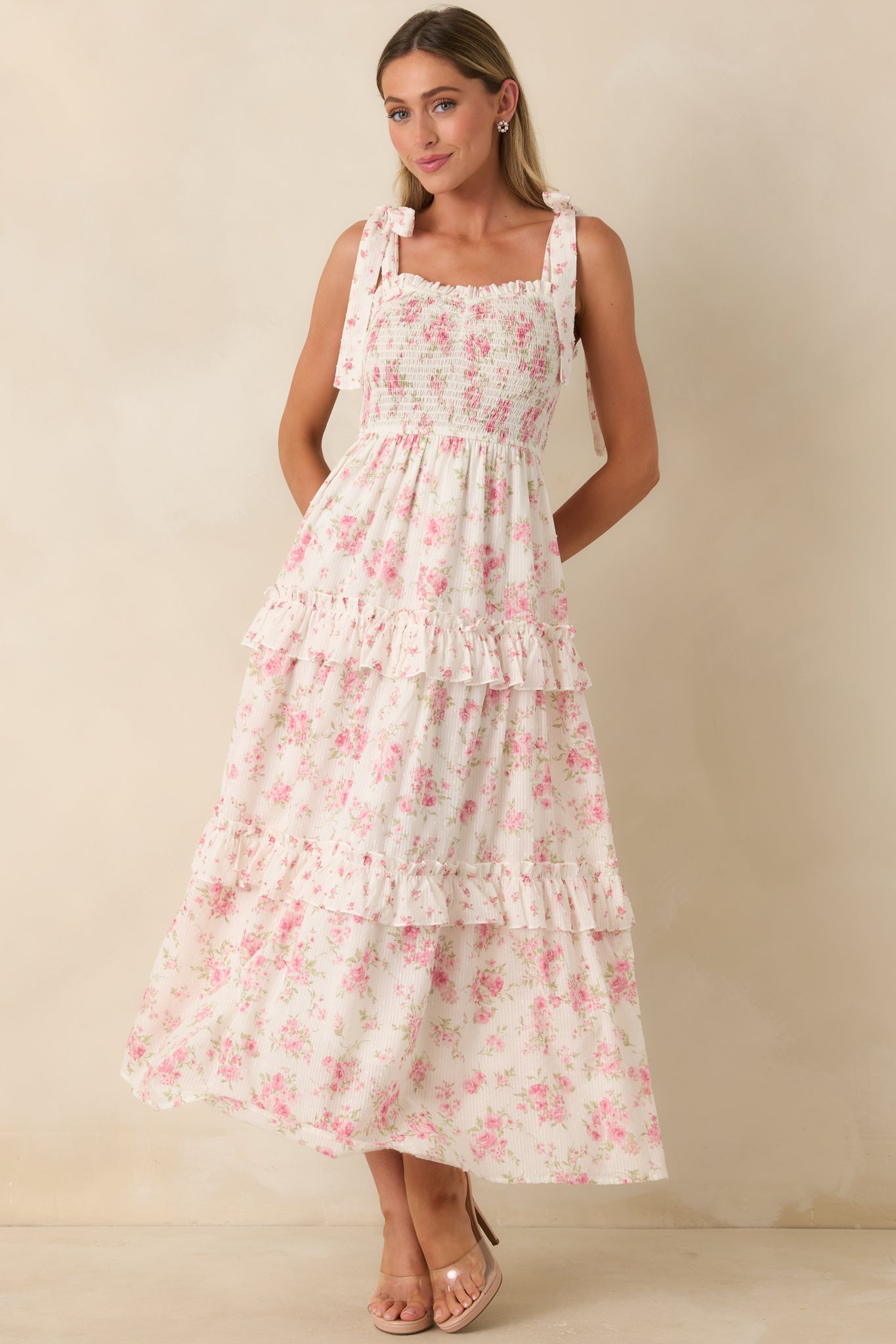 Afternoon Like This Ivory & Pink Floral Ruffle Tiered Cotton Midi Dress