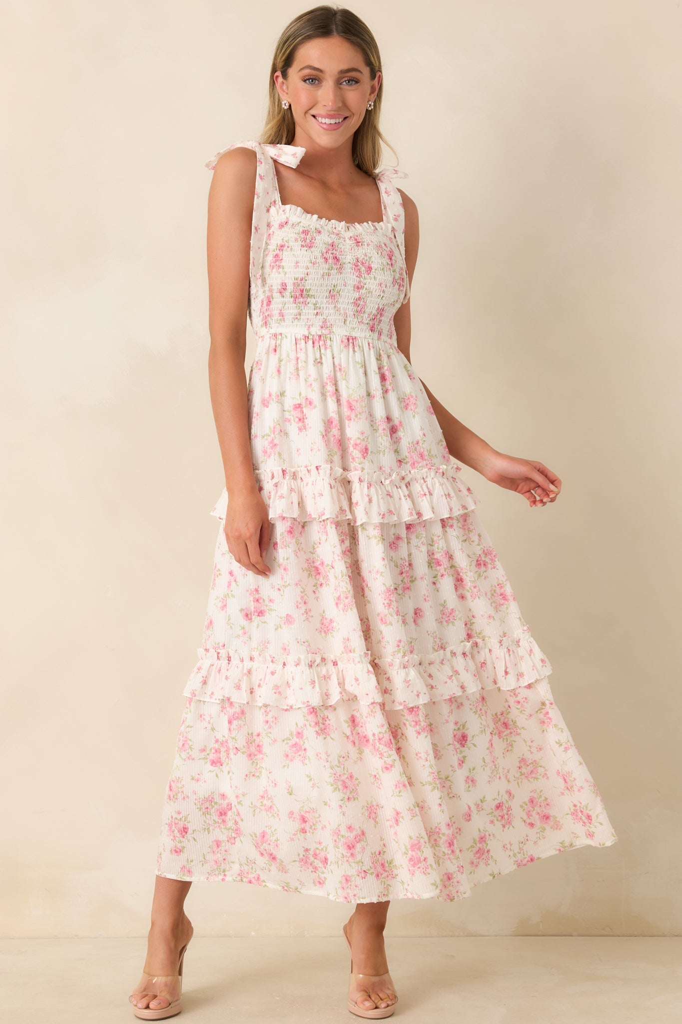 Afternoon Like This Ivory & Pink Floral Ruffle Tiered Cotton Midi Dress