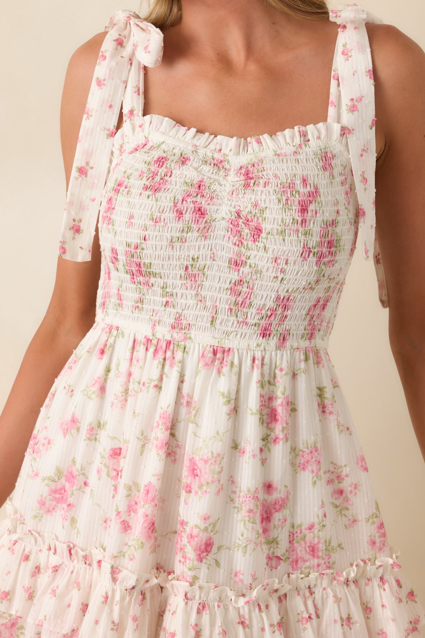 Afternoon Like This Ivory & Pink Floral Ruffle Tiered Cotton Midi Dress