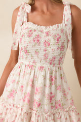 Afternoon Like This Ivory & Pink Floral Ruffle Tiered Cotton Midi Dress