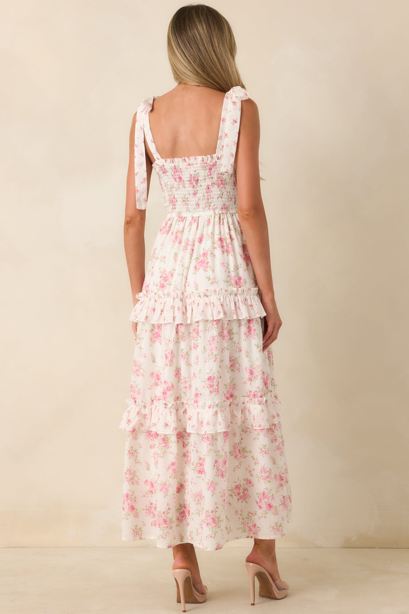 Afternoon Like This Ivory & Pink Floral Ruffle Tiered Cotton Midi Dress