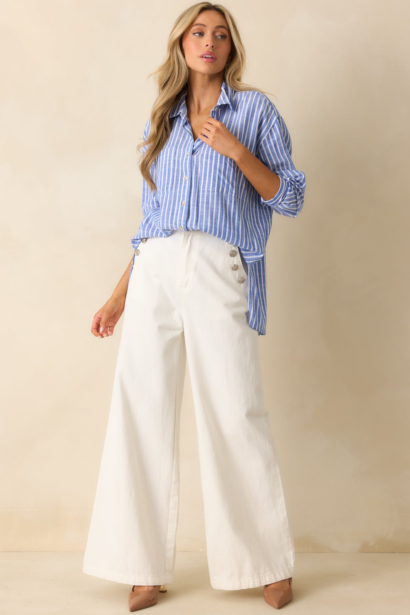 Coastline Cruise Blue Stripe Chambray Button Front Top