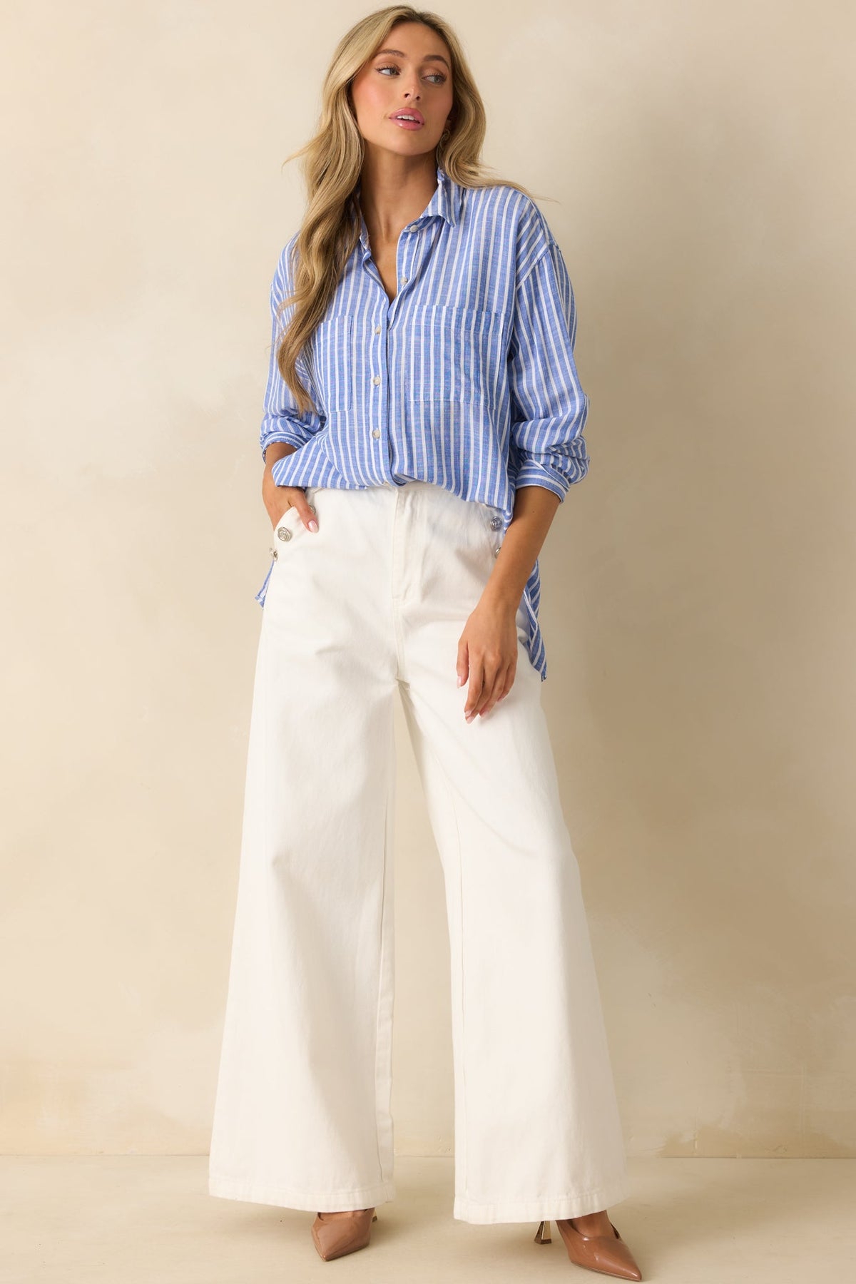 Coastline Cruise Blue Stripe Chambray Button Front Top