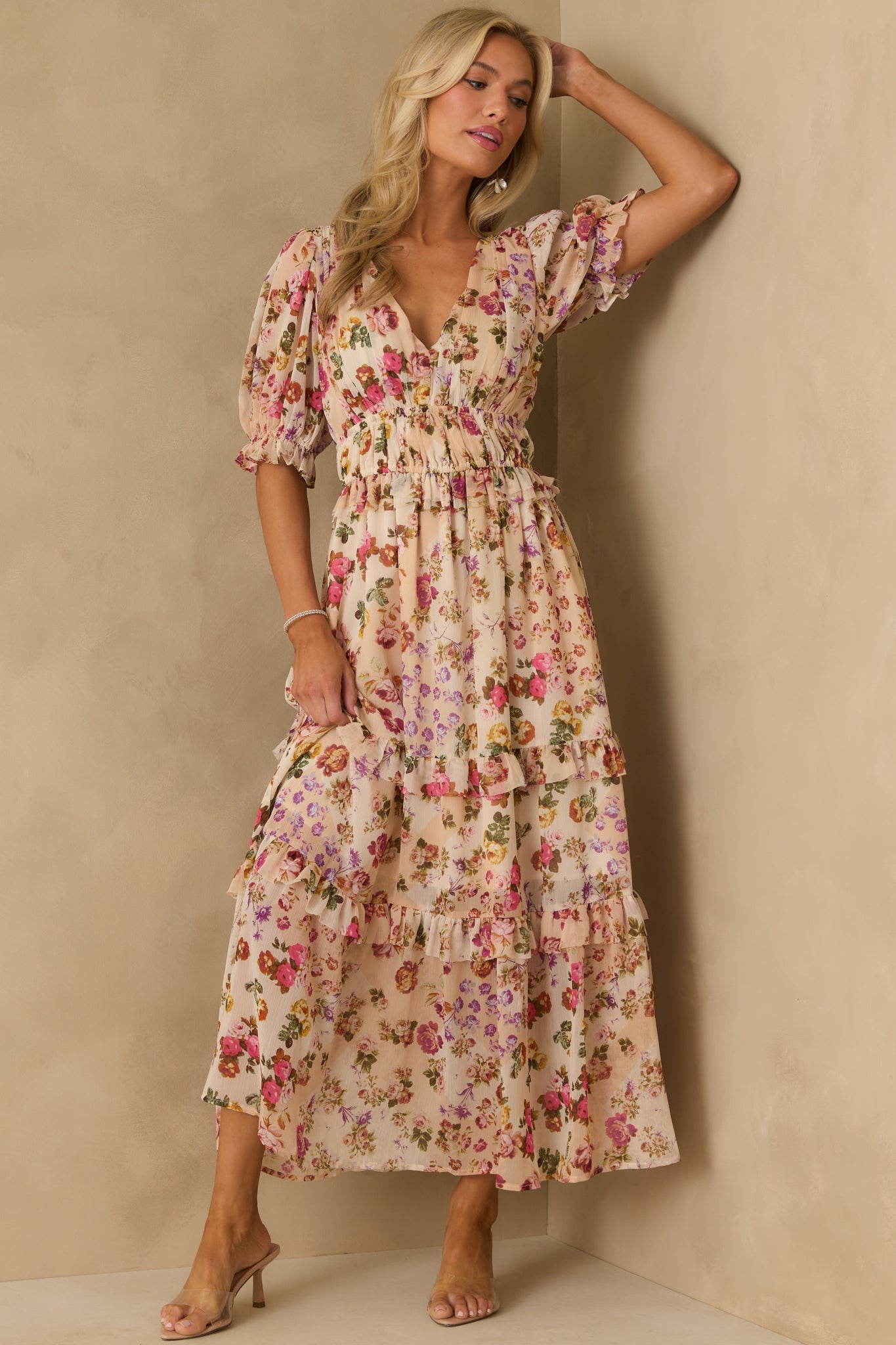 Midnight Train Beige Floral Midi Dress