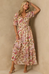 Midnight Train Beige Floral Midi Dress