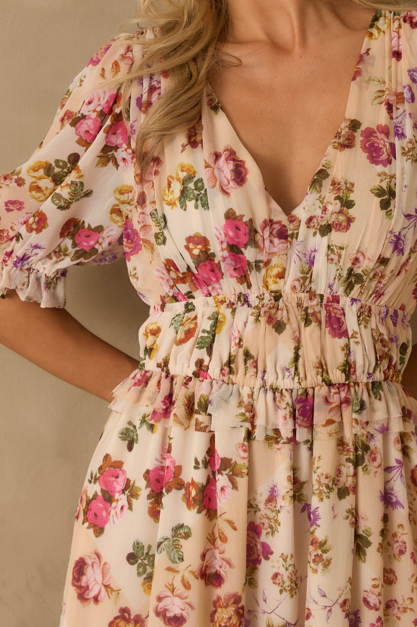 Midnight Train Beige Floral Midi Dress