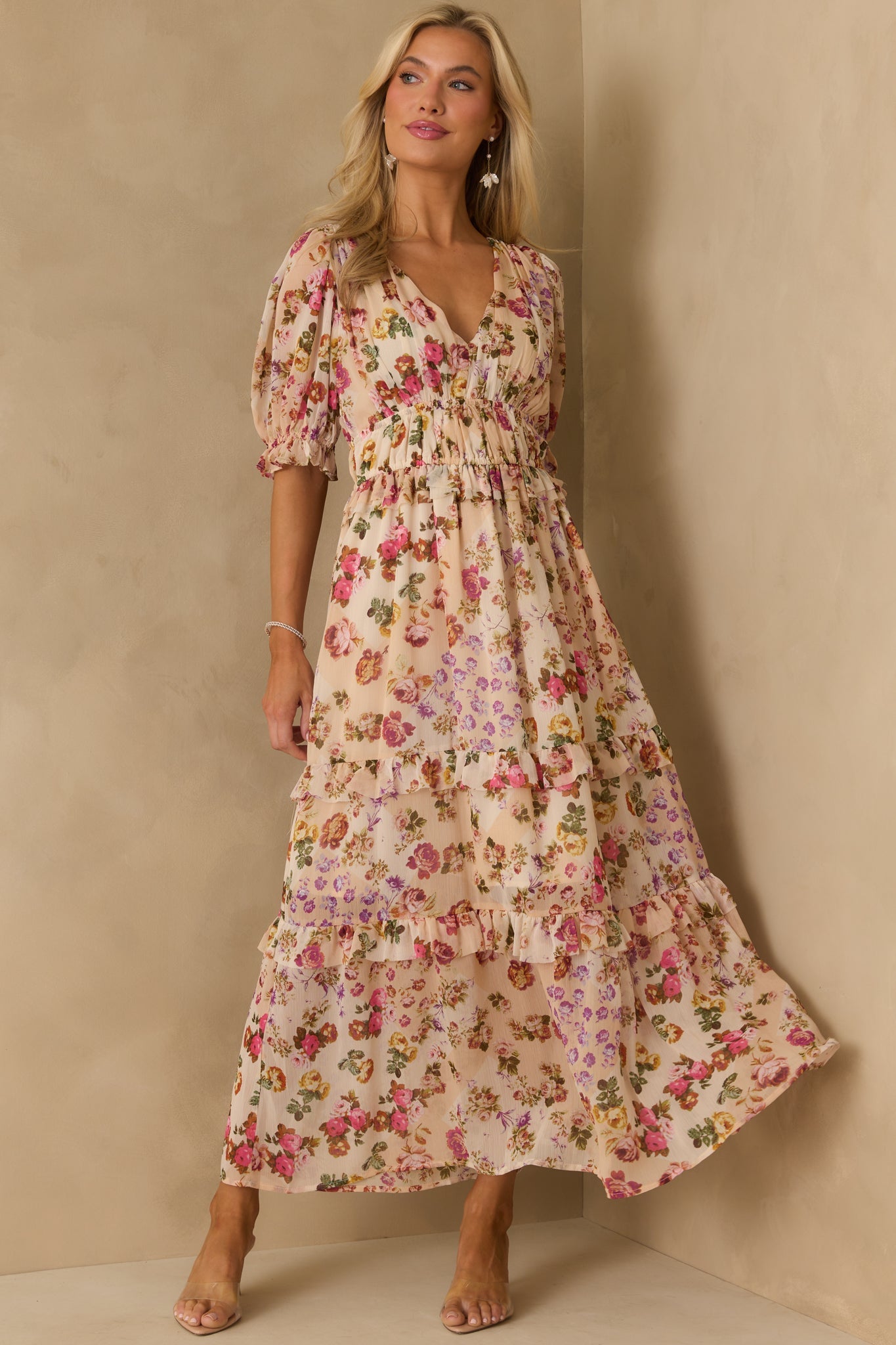Midnight Train Beige Floral Midi Dress
