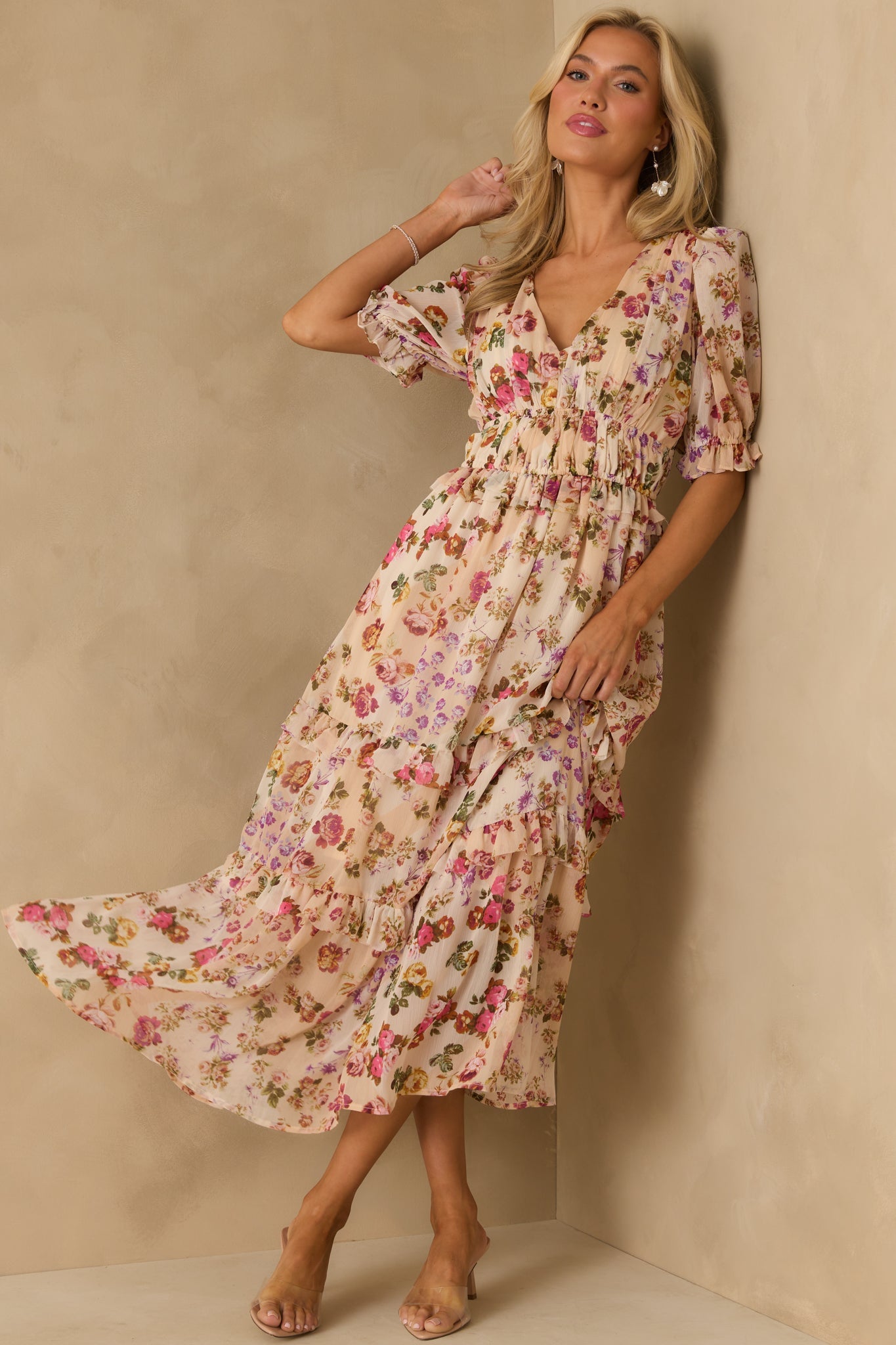 Midnight Train Beige Floral Midi Dress