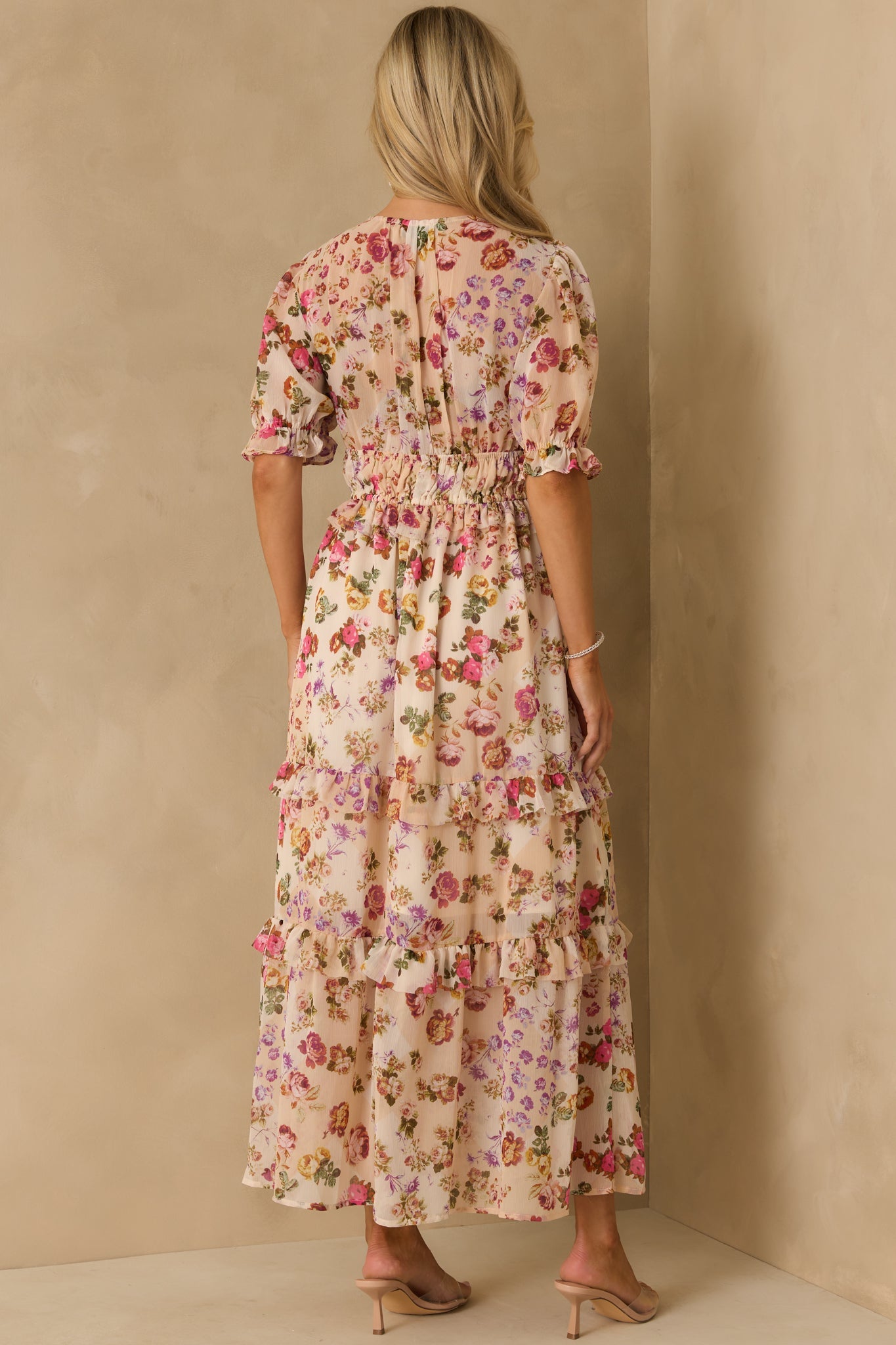Midnight Train Beige Floral Midi Dress