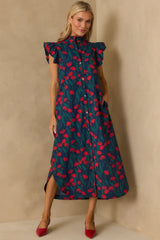 This Time Around Red Floral Print Cotton Flutter Sleeve Maxi Dress