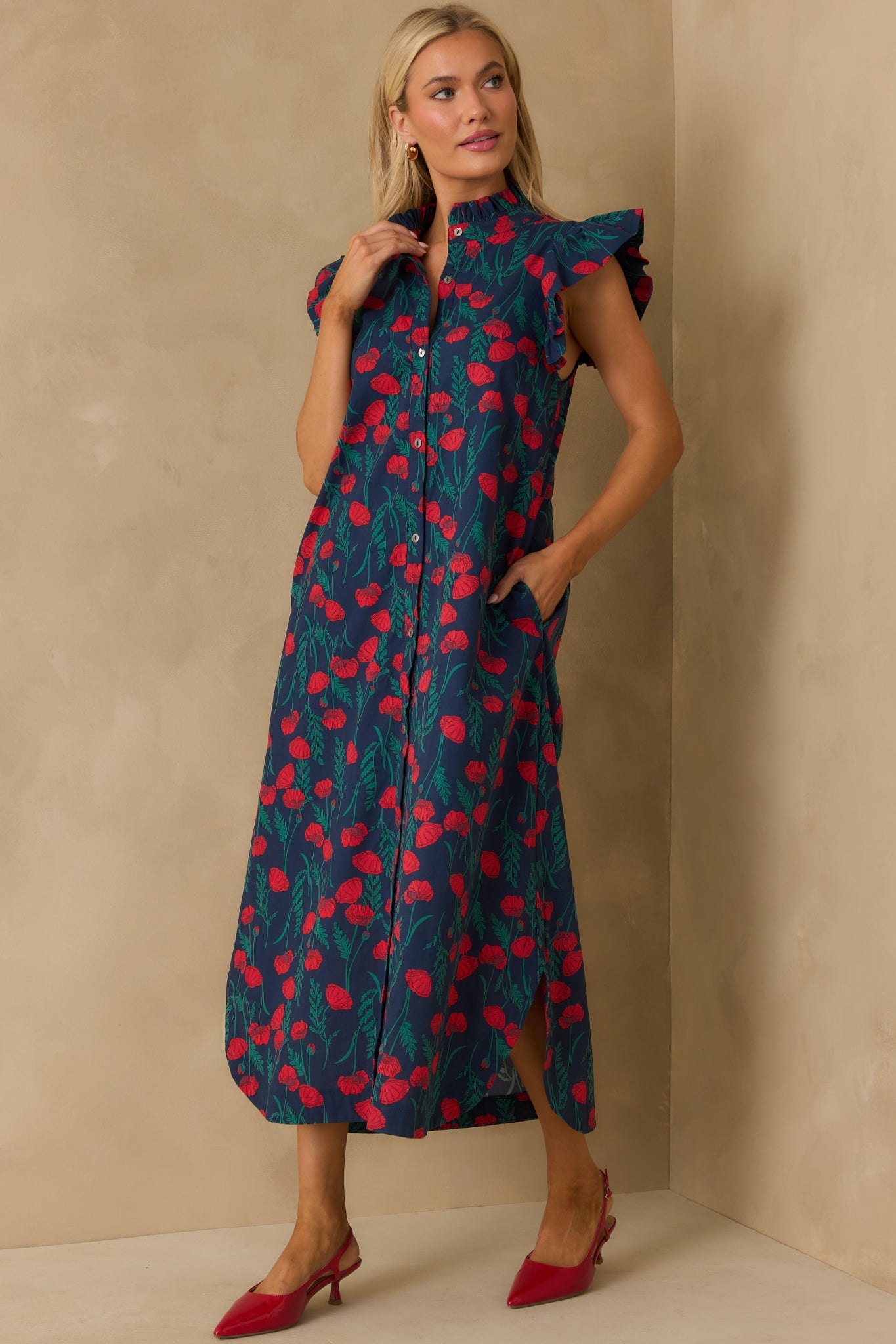 This Time Around Red Floral Print Cotton Flutter Sleeve Maxi Dress