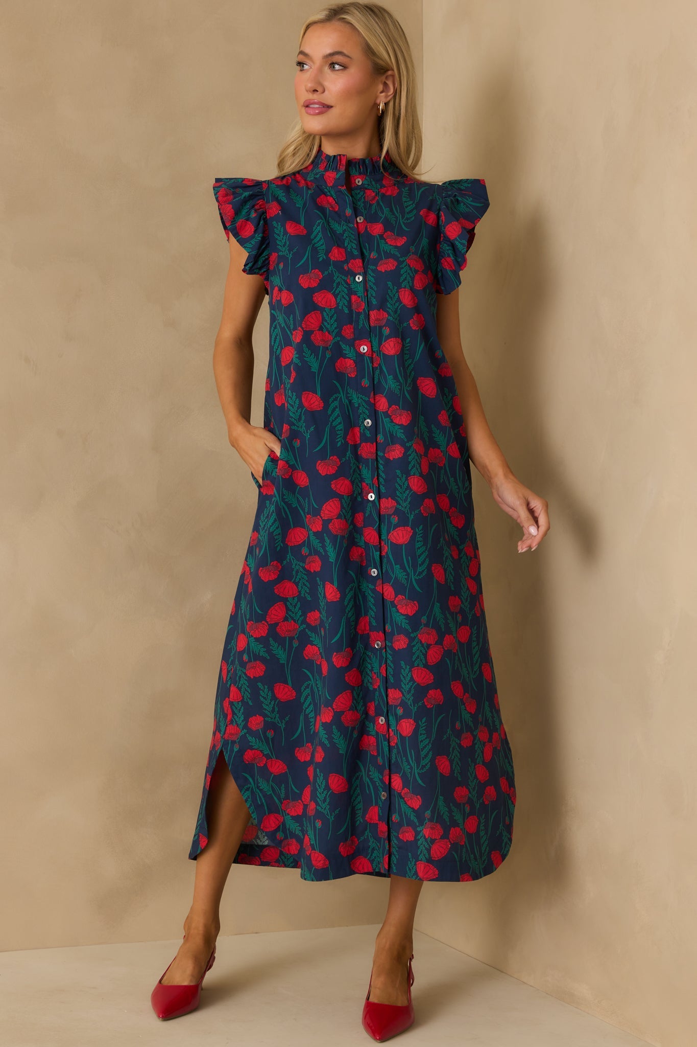 This Time Around Red Floral Print Cotton Flutter Sleeve Maxi Dress