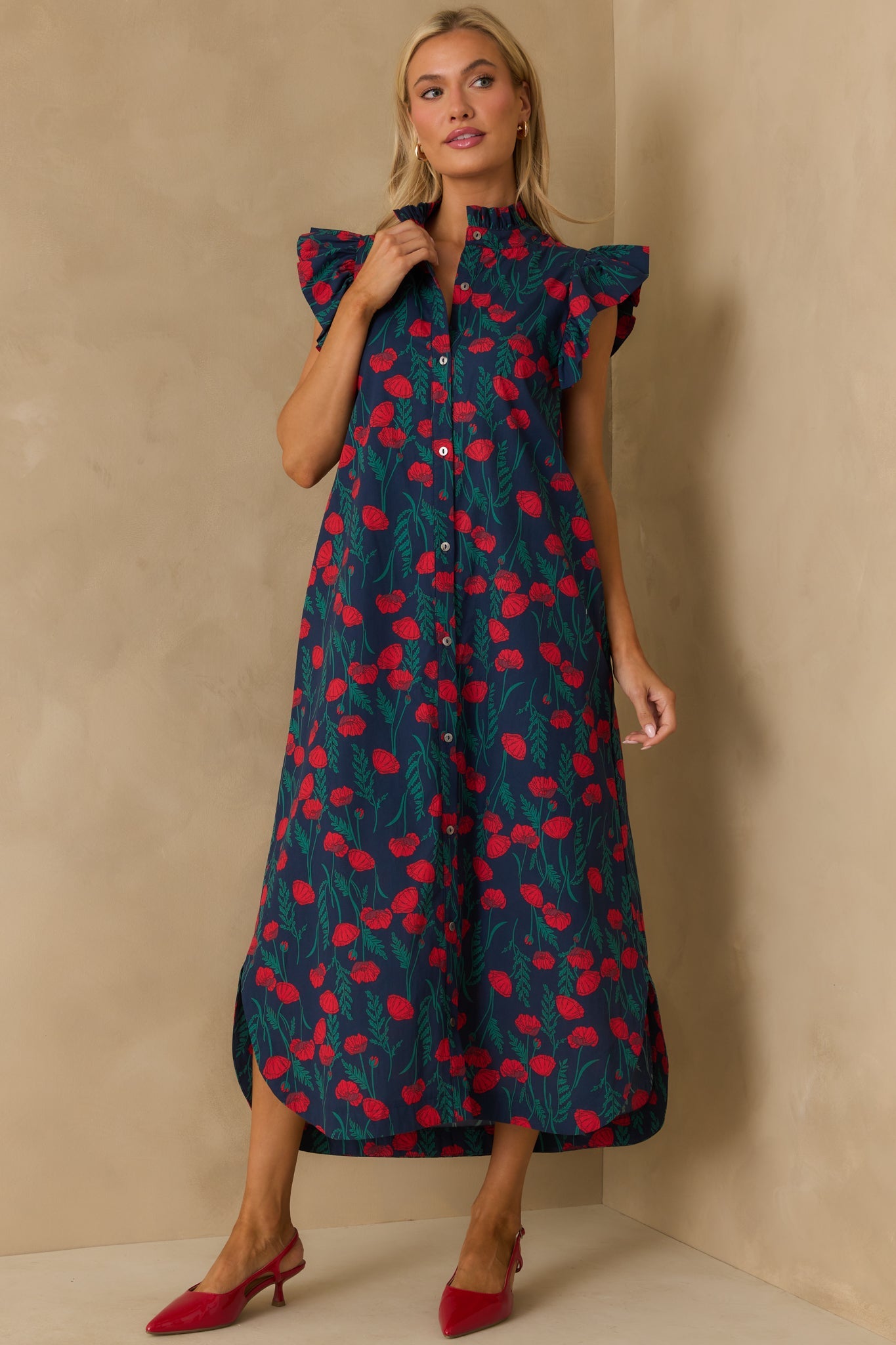 This Time Around Red Floral Print Cotton Flutter Sleeve Maxi Dress