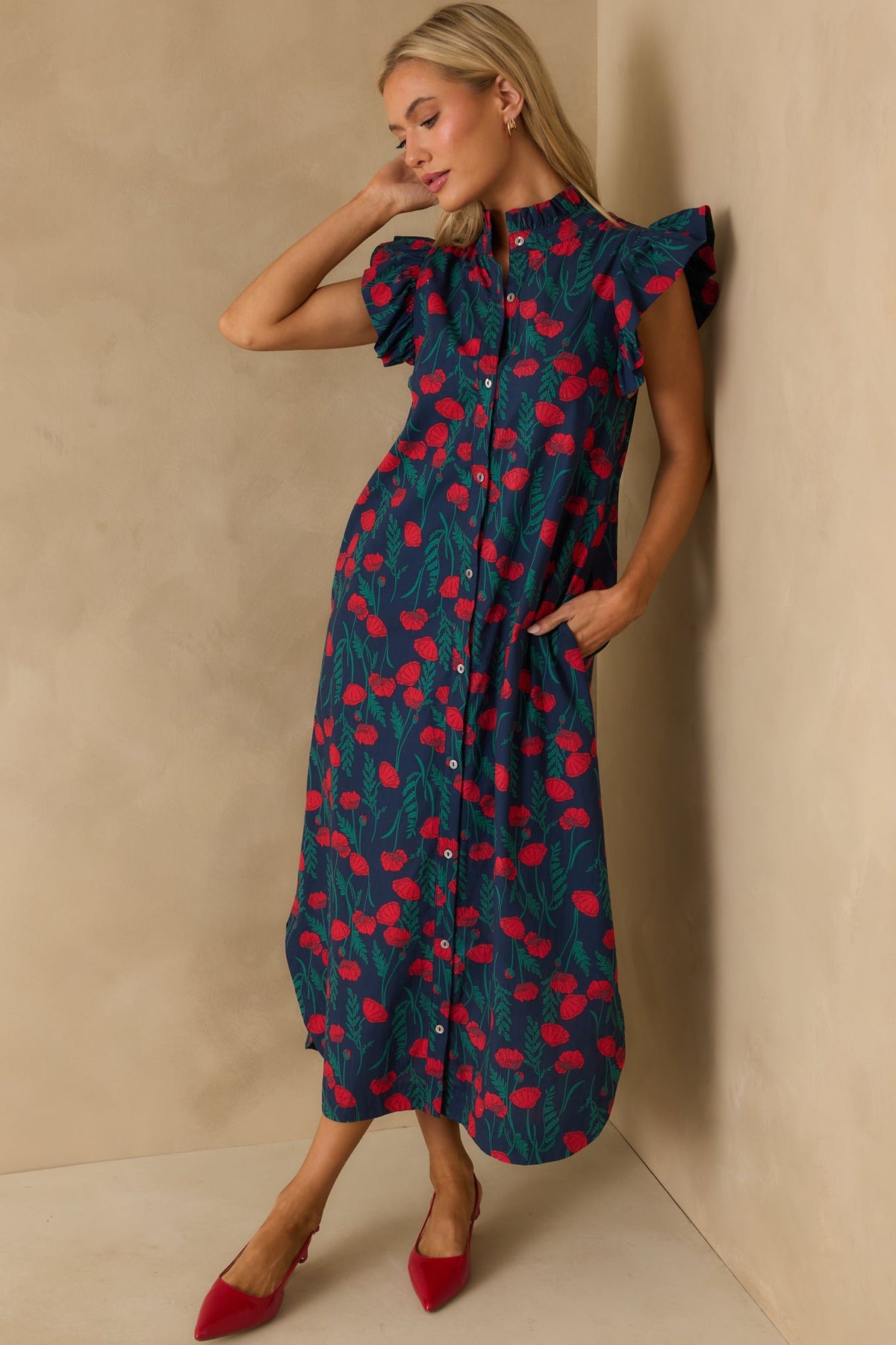 This Time Around Red Floral Print Cotton Flutter Sleeve Maxi Dress