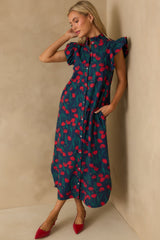 This Time Around Red Floral Print Cotton Flutter Sleeve Maxi Dress