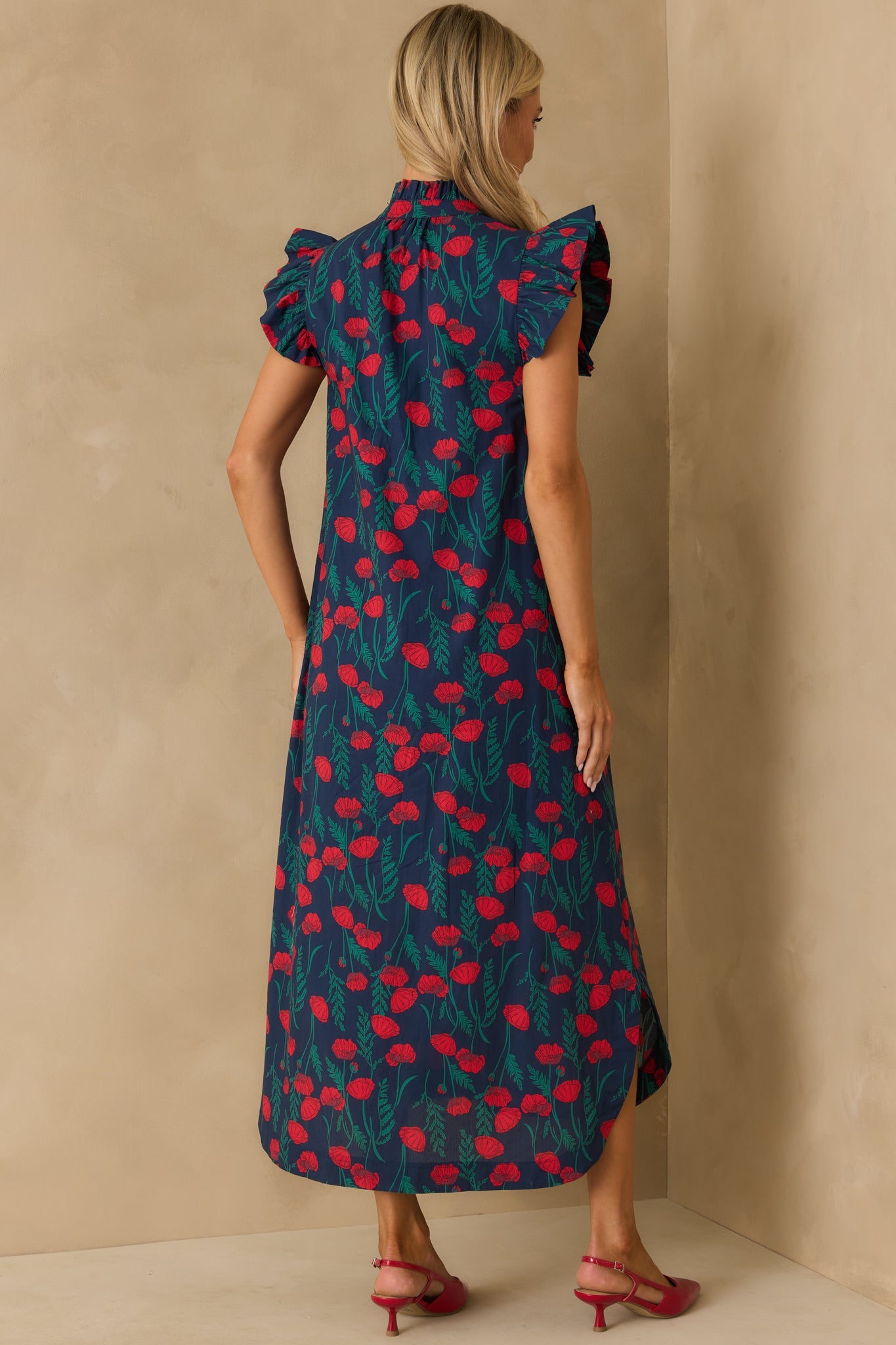 This Time Around Red Floral Print Cotton Flutter Sleeve Maxi Dress