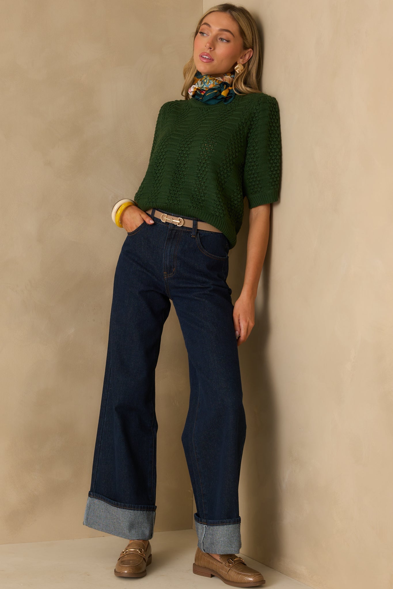 I Took My Chance Hunter Green Knit Short Sleeve Sweater