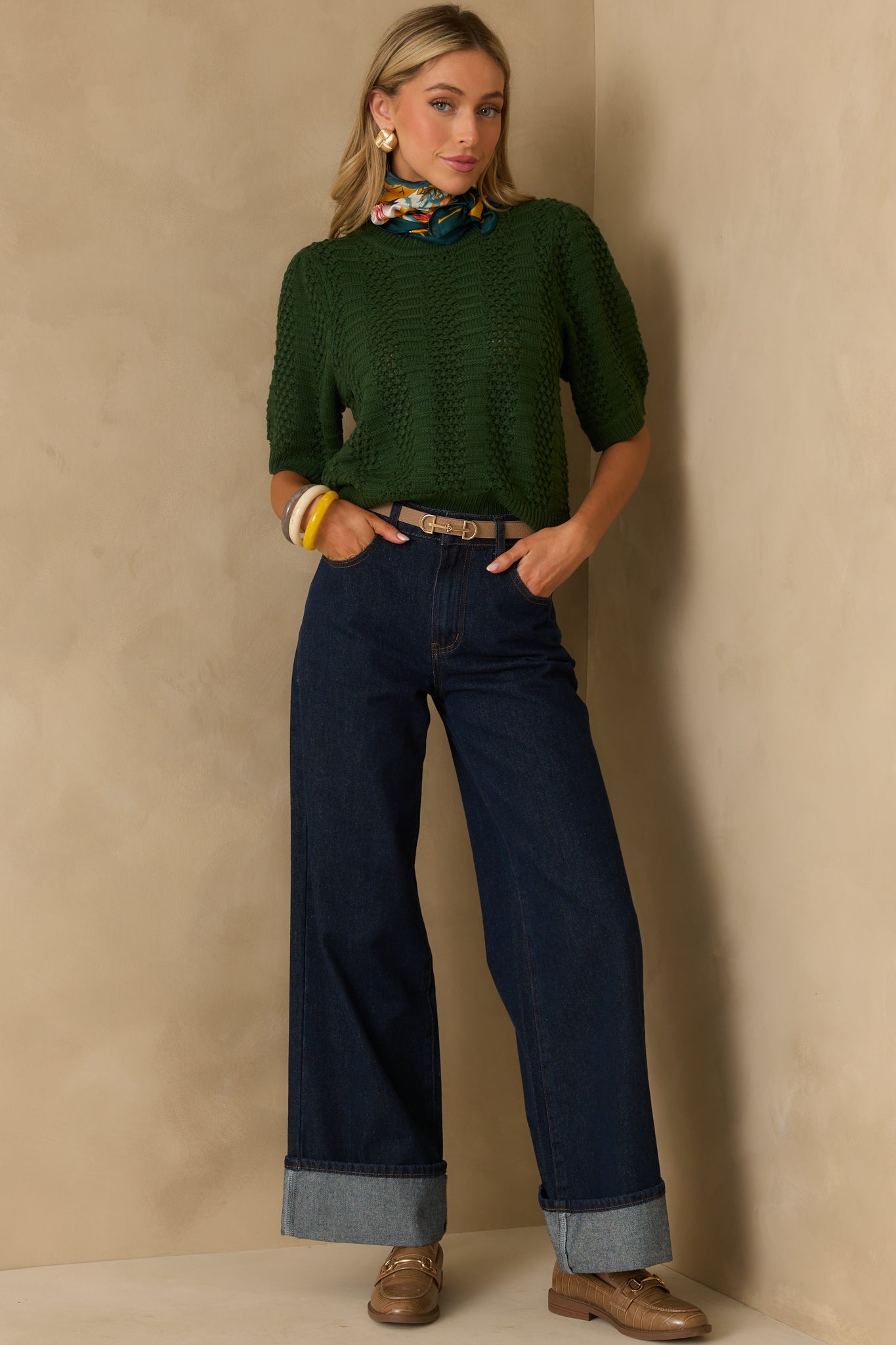 I Took My Chance Hunter Green Knit Short Sleeve Sweater