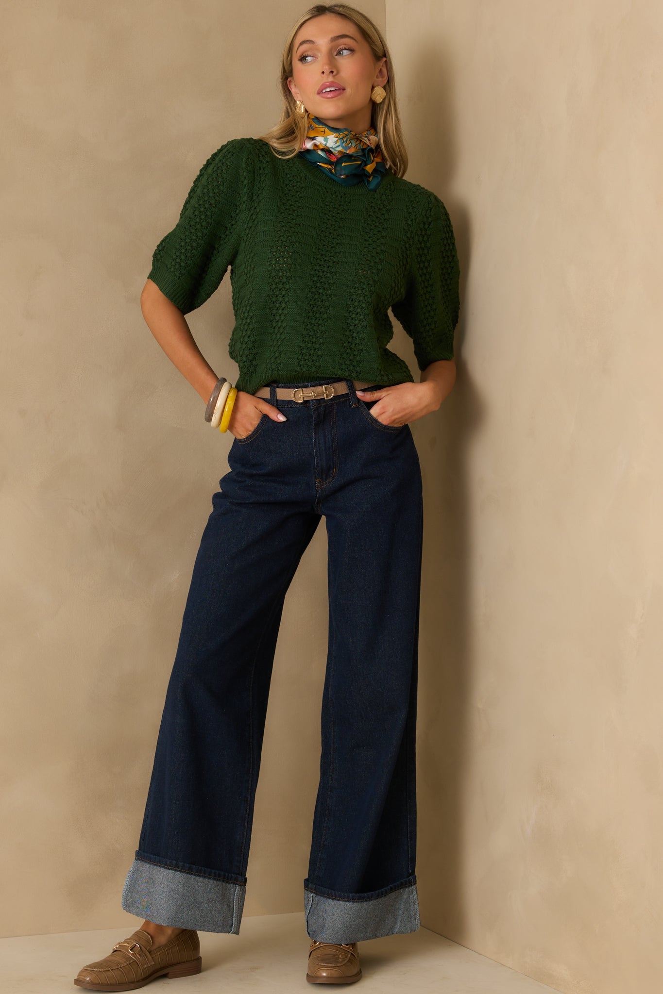 I Took My Chance Hunter Green Knit Short Sleeve Sweater