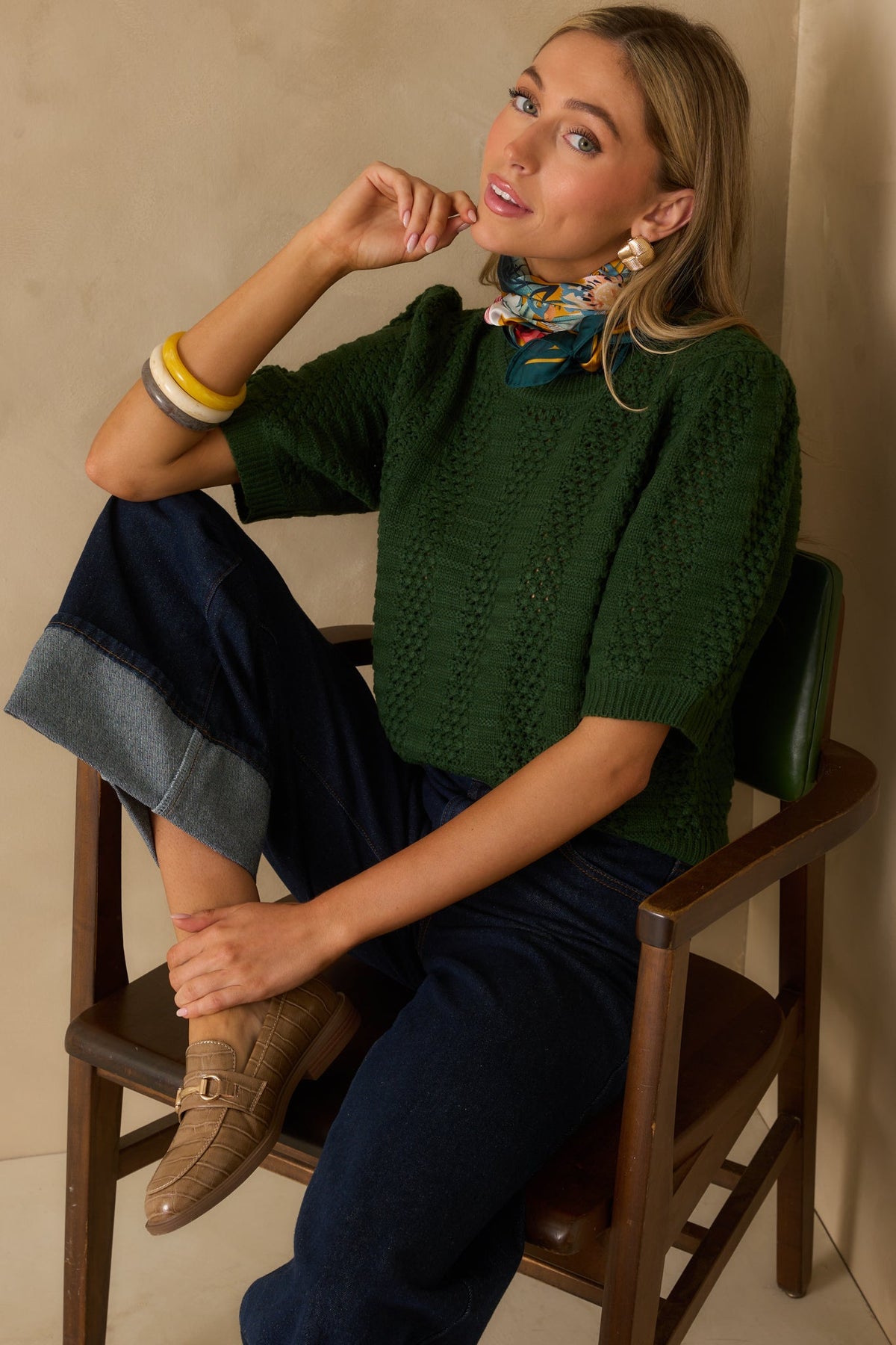 I Took My Chance Hunter Green Knit Short Sleeve Sweater
