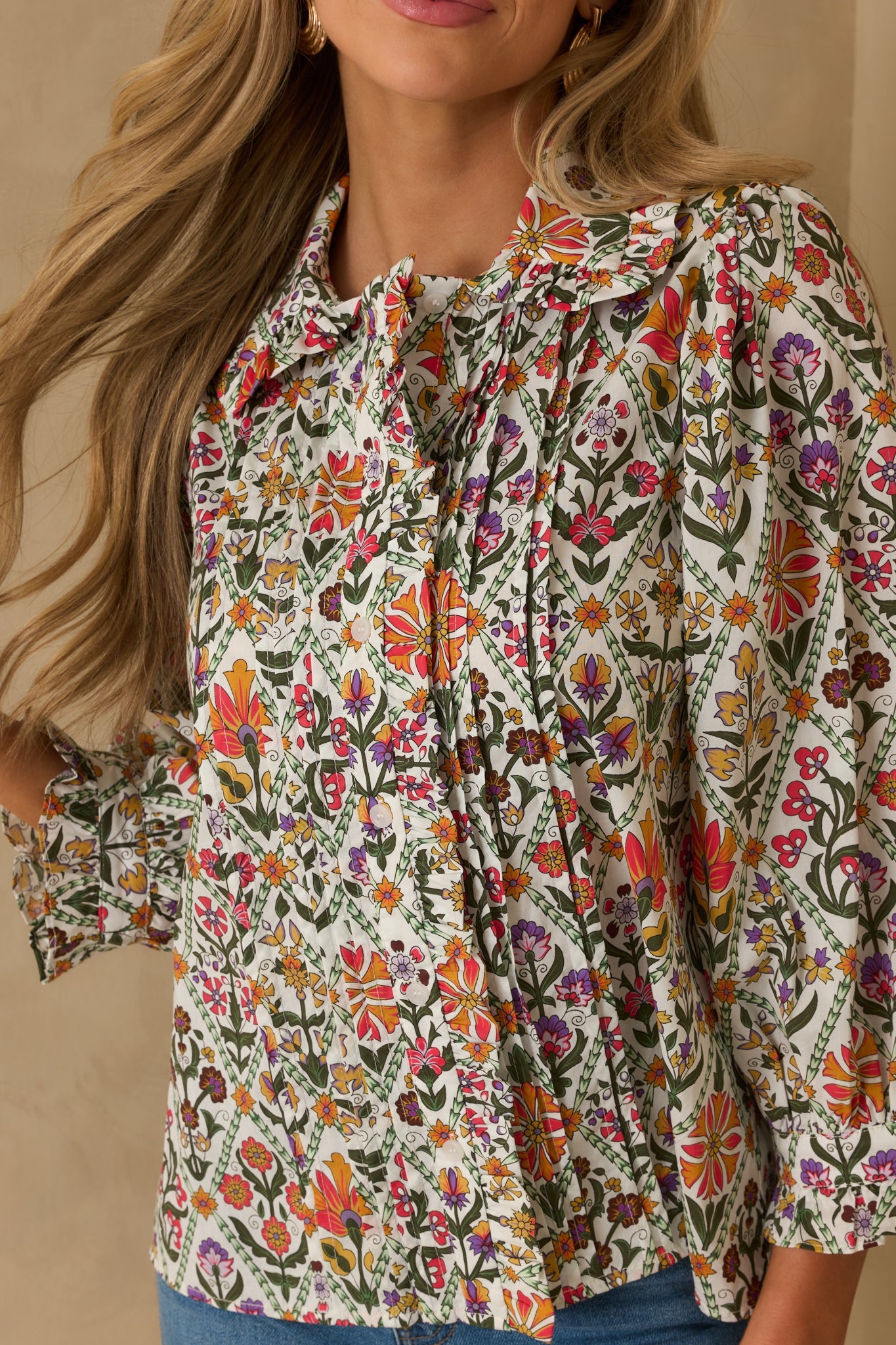 Seems Like It Red Multi Print Cotton Button Front Top
