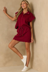 Best One Yet Burgundy Cotton Scallop Hem Short Sleeve Pullover