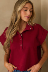 Best One Yet Burgundy Cotton Scallop Hem Short Sleeve Pullover
