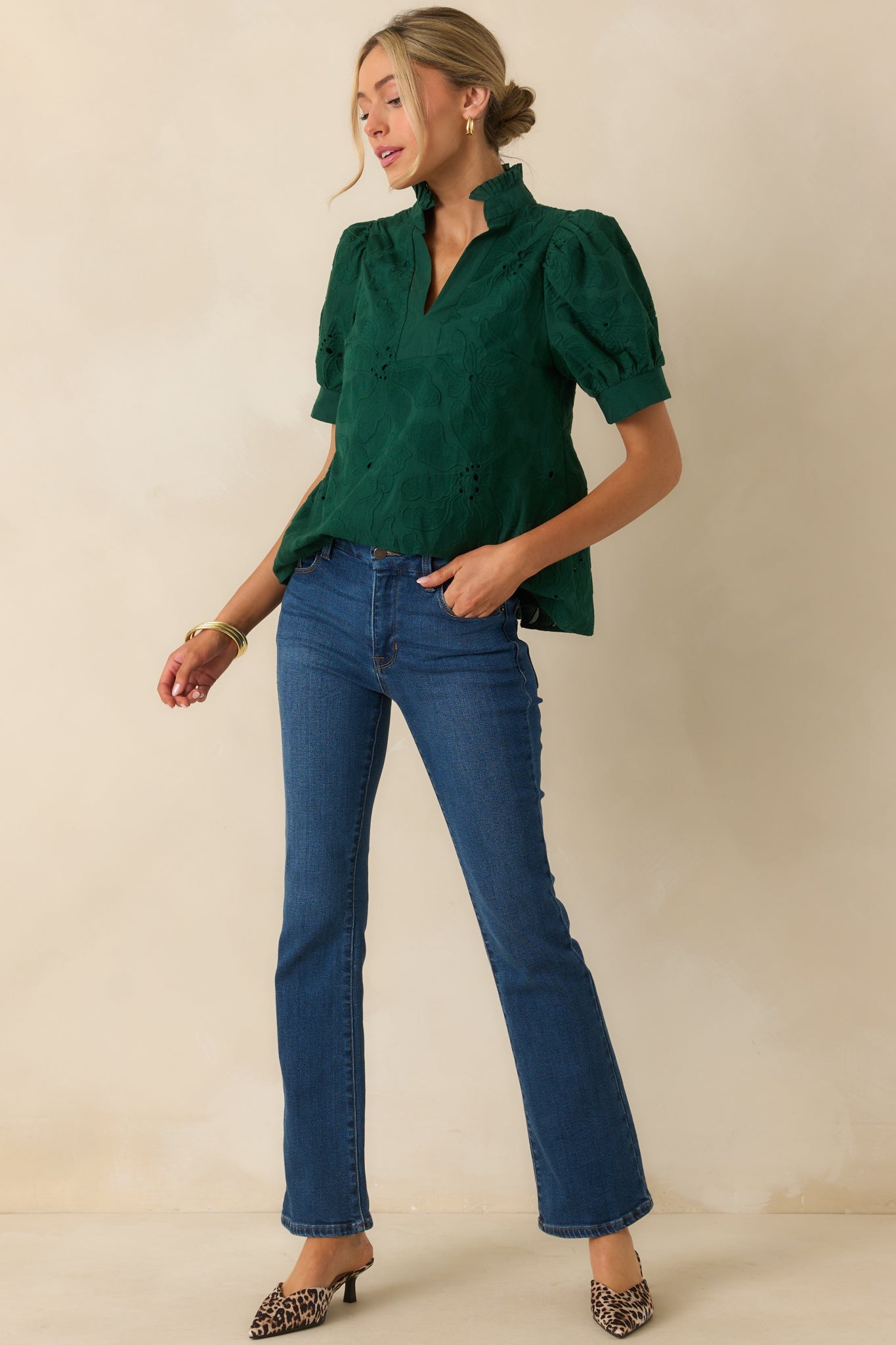On The Record Hunter Green Floral Embroidered Eyelet Cotton Top