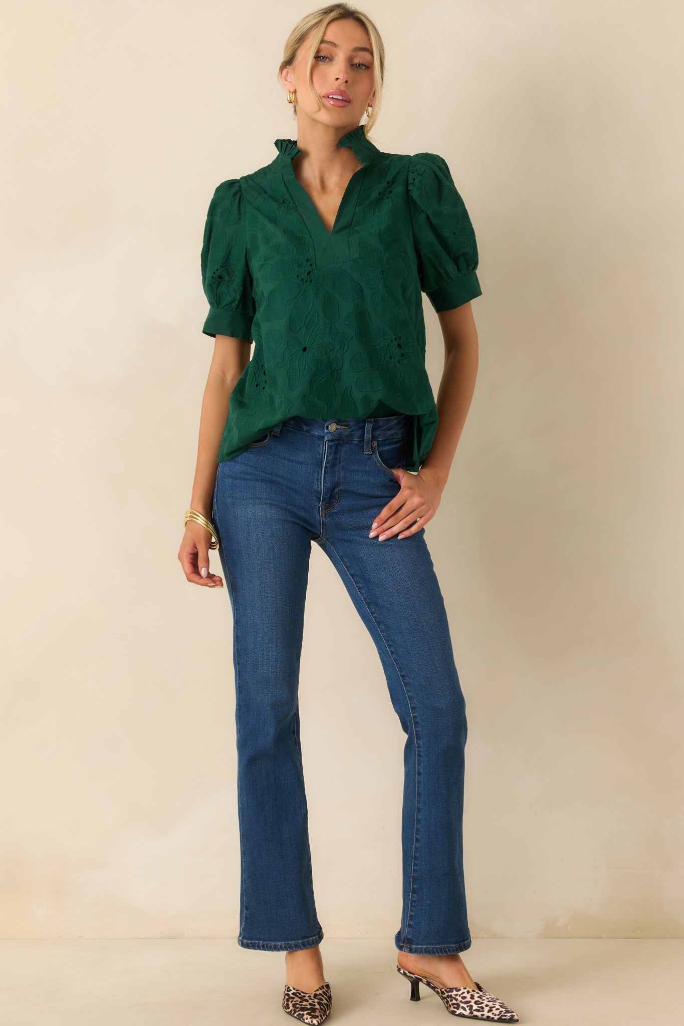 On The Record Hunter Green Floral Embroidered Eyelet Cotton Top