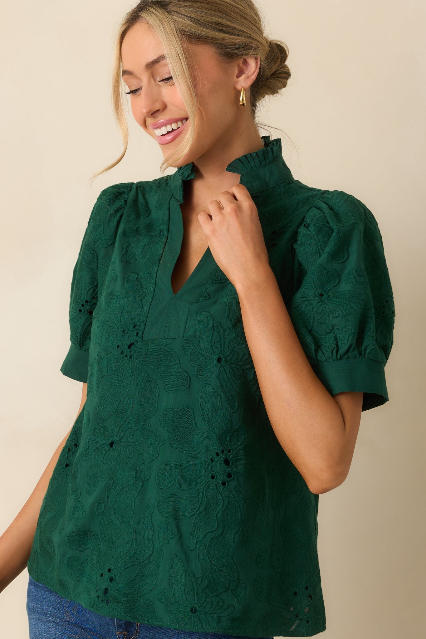On The Record Hunter Green Floral Embroidered Eyelet Cotton Top