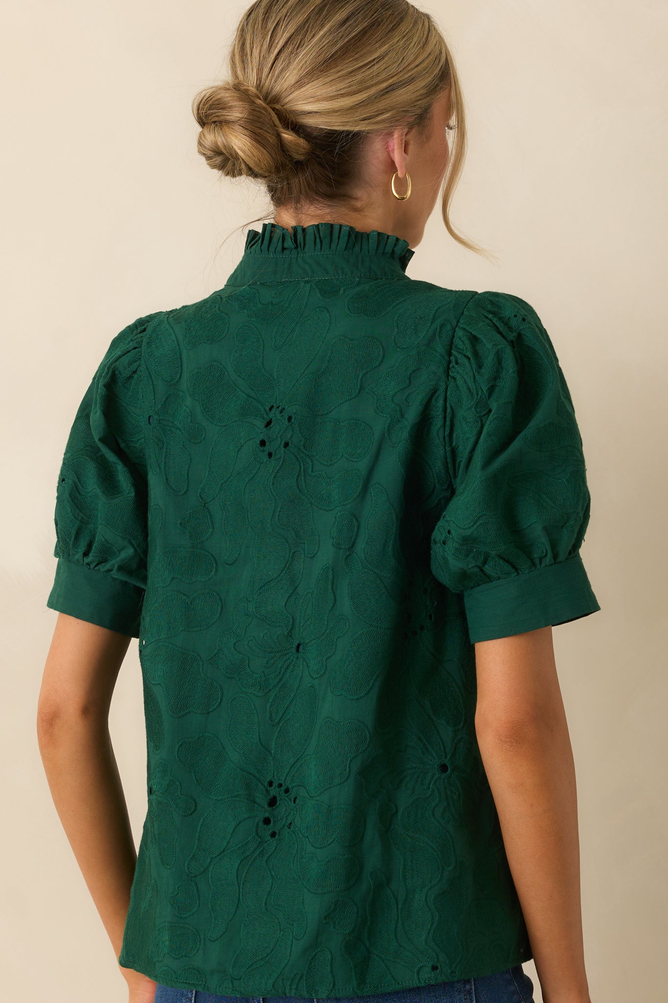On The Record Hunter Green Floral Embroidered Eyelet Cotton Top