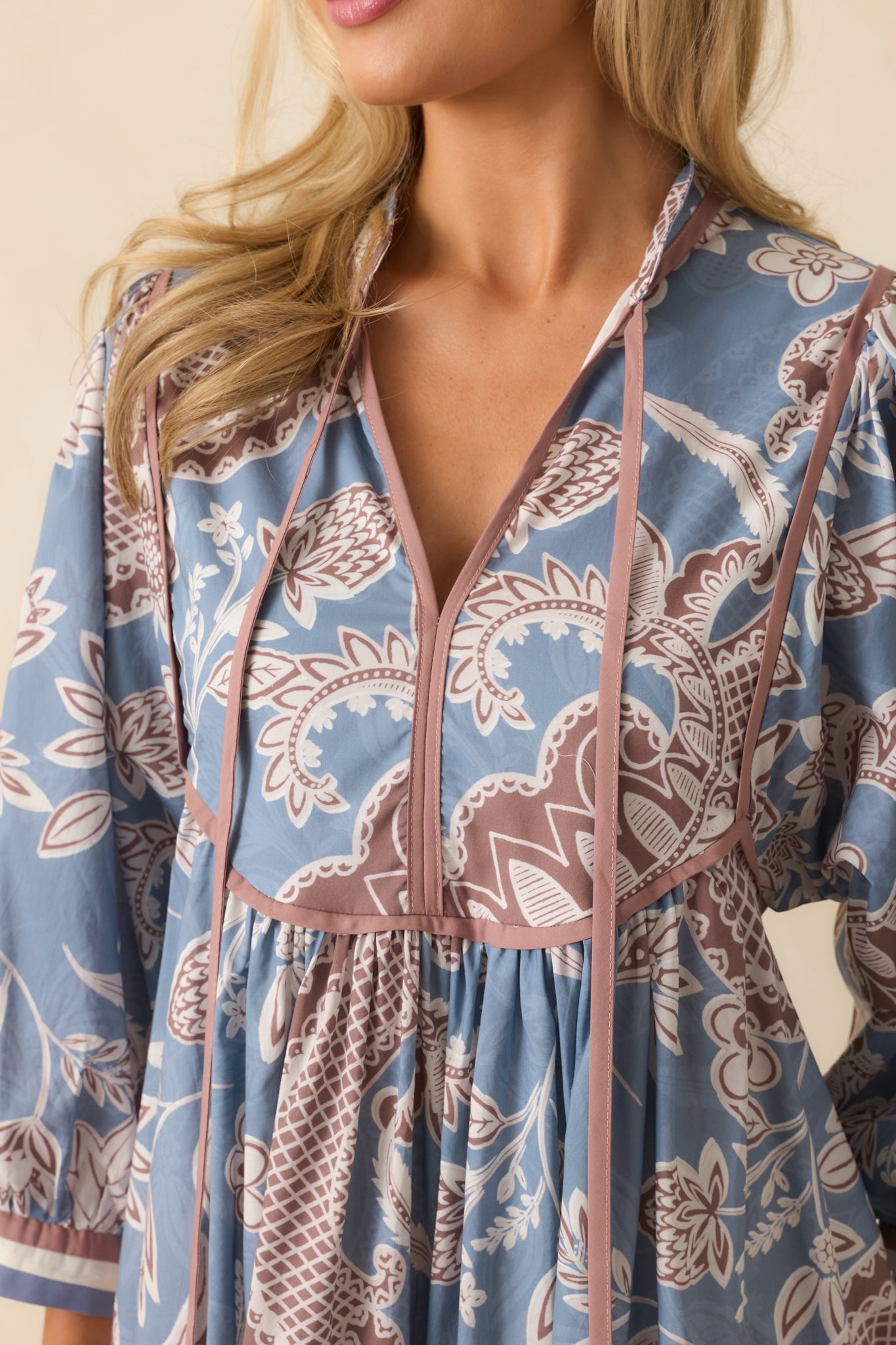 Crisp Morning Air Ash Blue Floral Cotton Quarter Sleeve Mini Dress