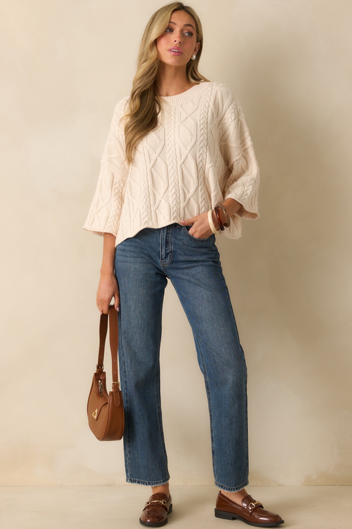 From The Start Ivory Cable Knit Cotton Crew Neck Sweater