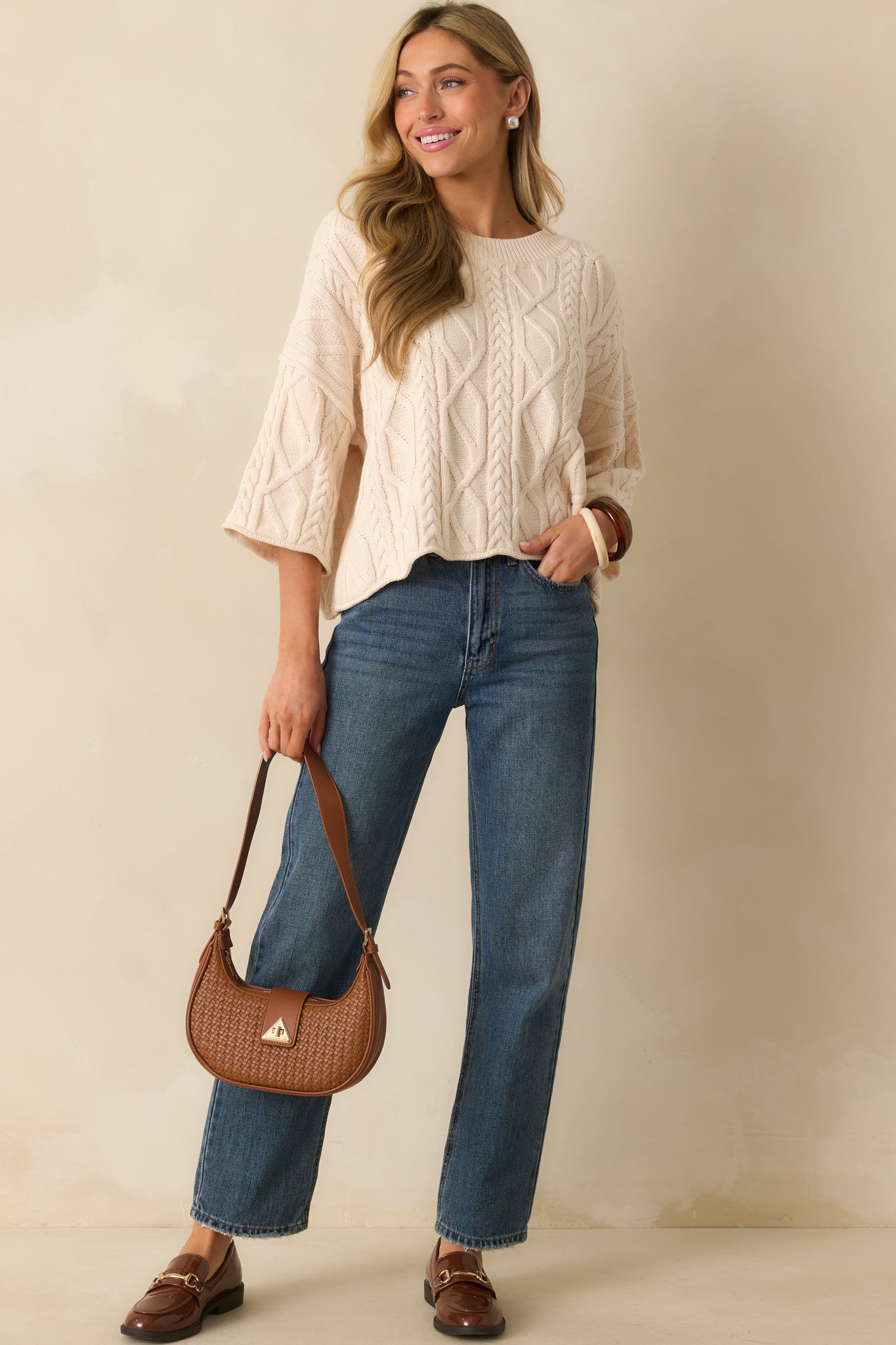 From The Start Ivory Cable Knit Cotton Crew Neck Sweater