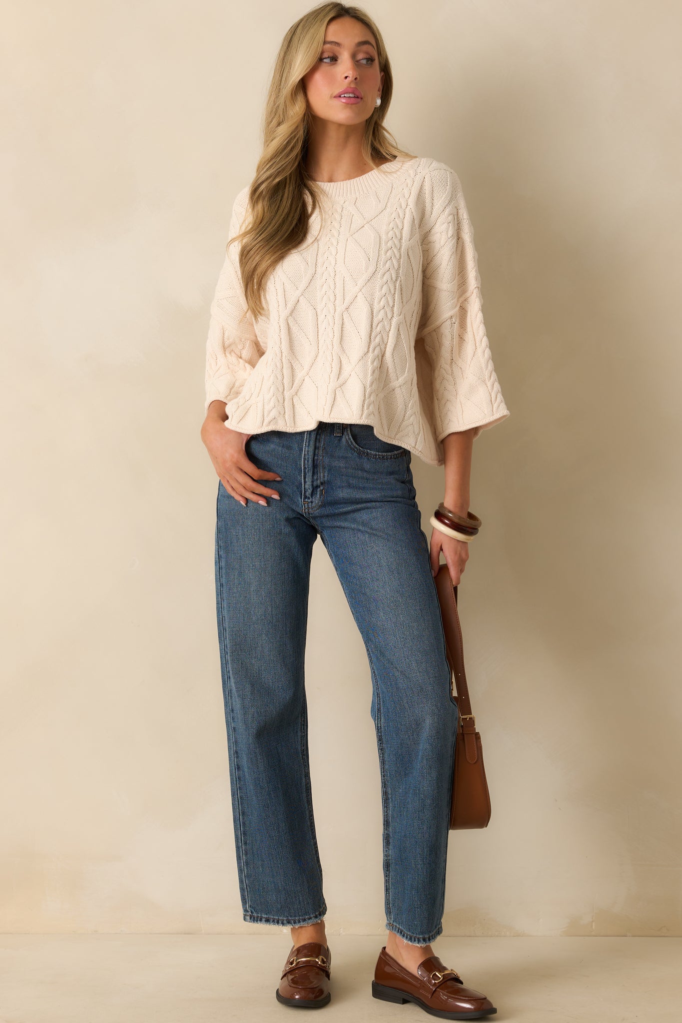 From The Start Ivory Cable Knit Cotton Crew Neck Sweater