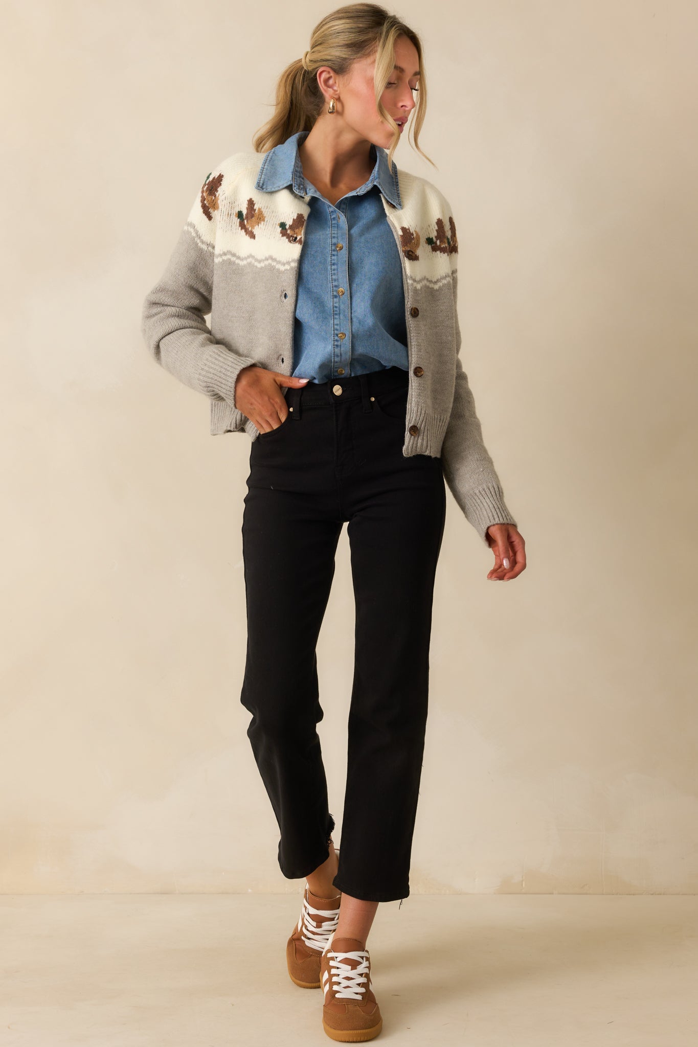 Right By Your Side Grey Multi Duck Print Button Up Cardigan