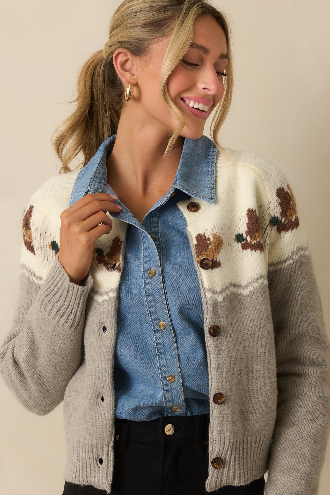 Right By Your Side Grey Multi Duck Print Button Up Cardigan