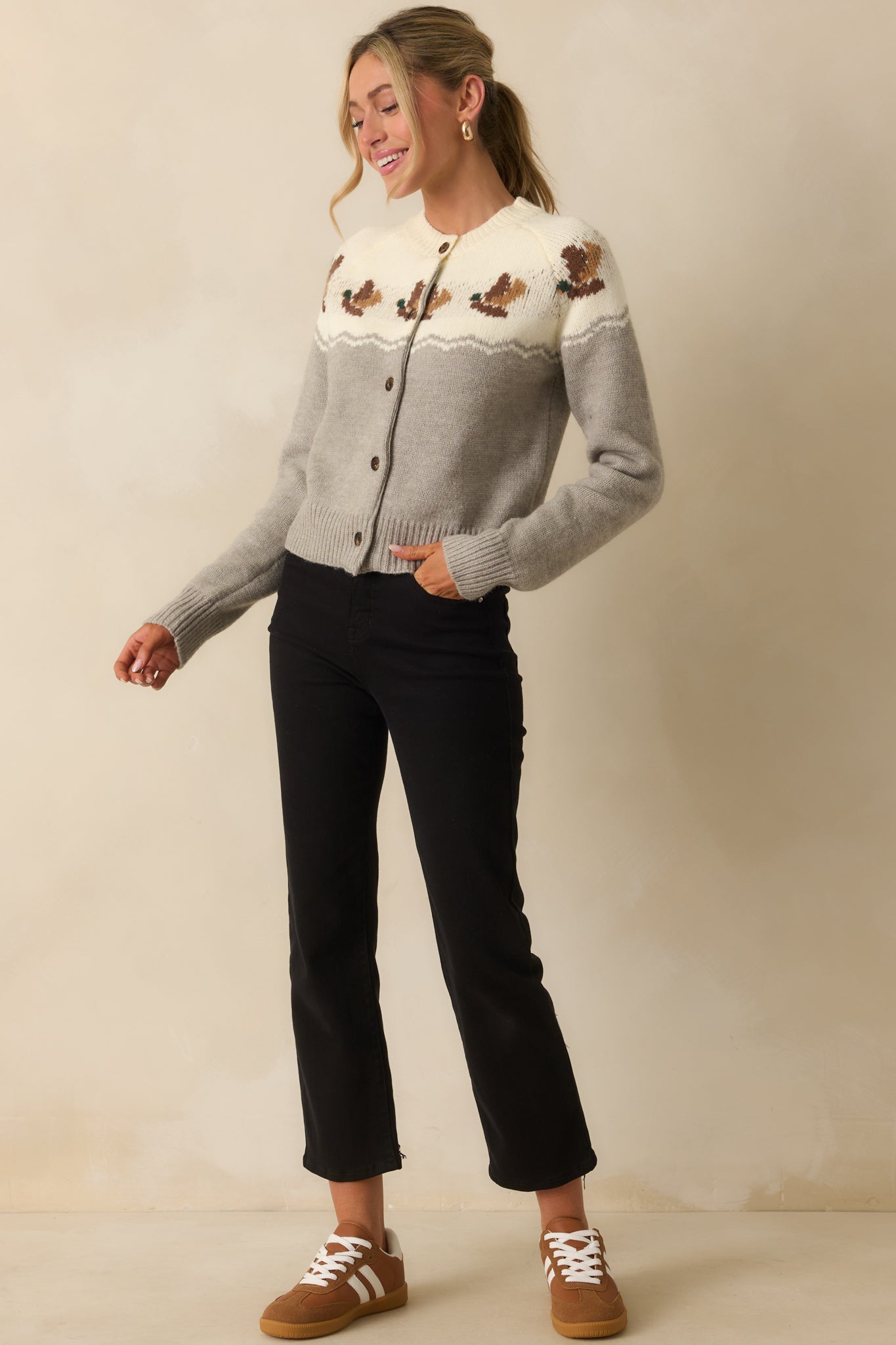 Right By Your Side Grey Multi Duck Print Button Up Cardigan