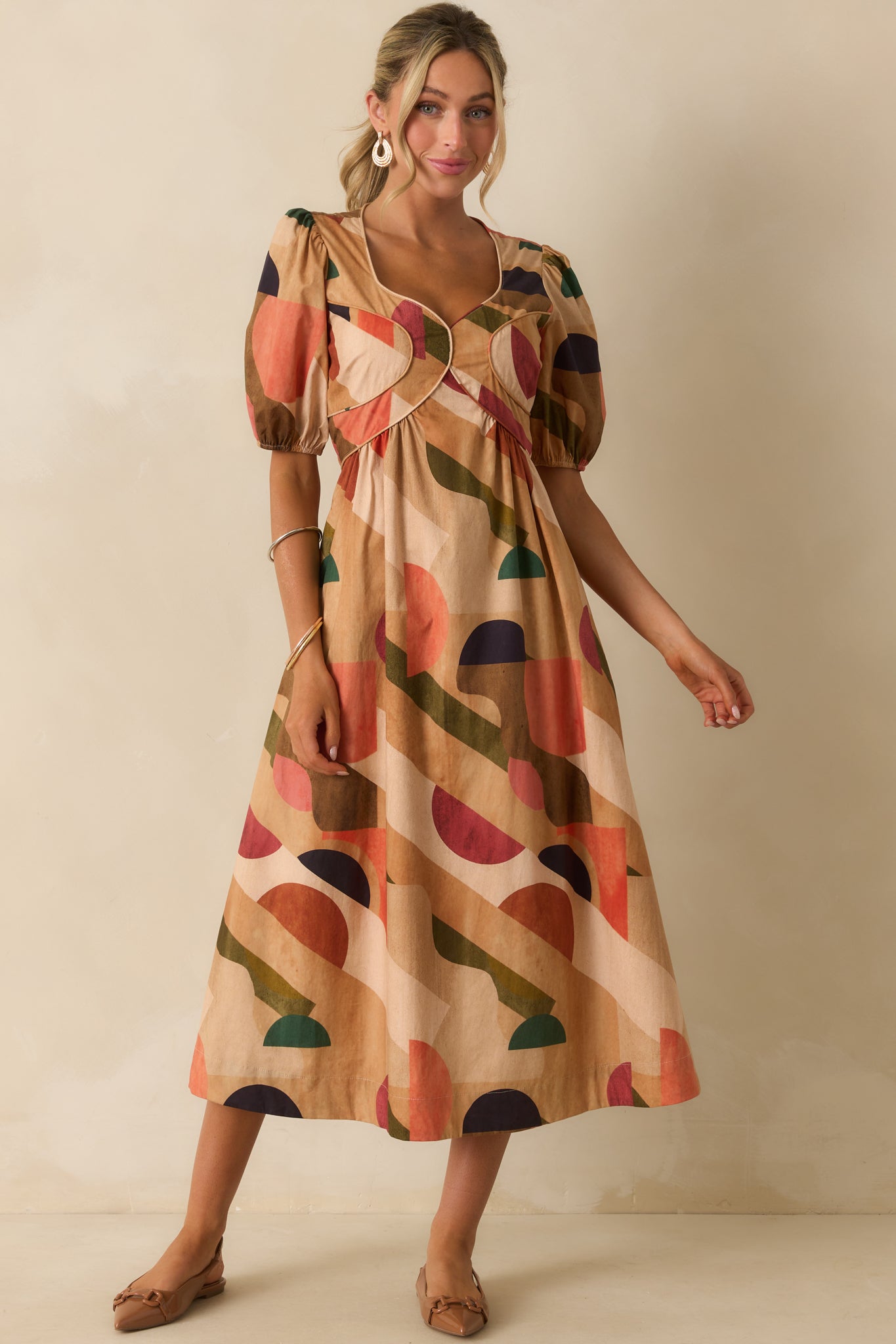 Through The Grapevine Tan Multi Abstract Print Midi Dress
