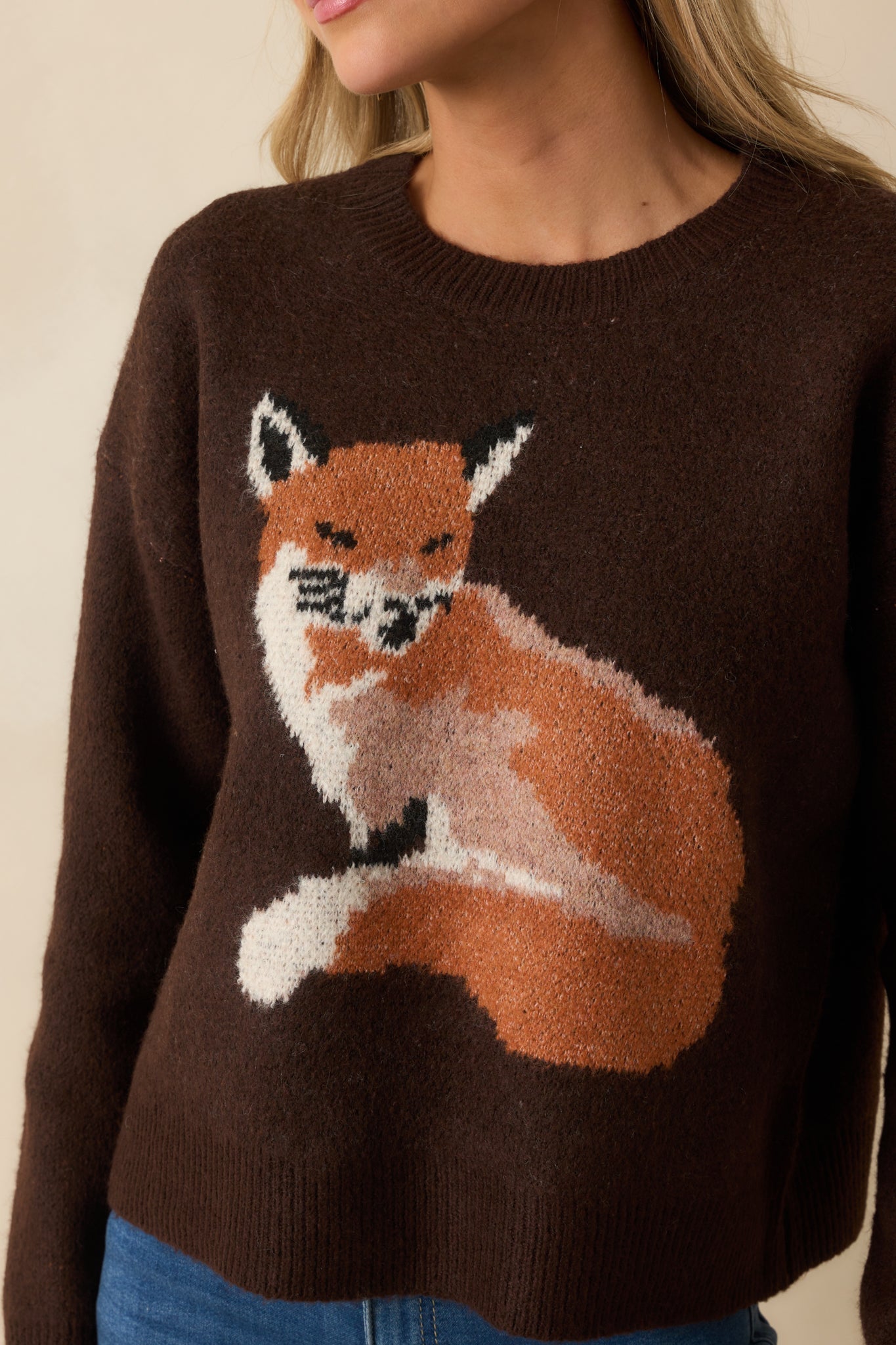 Kept In Comfort Chocolate Brown Fox Graphic Knit Sweater