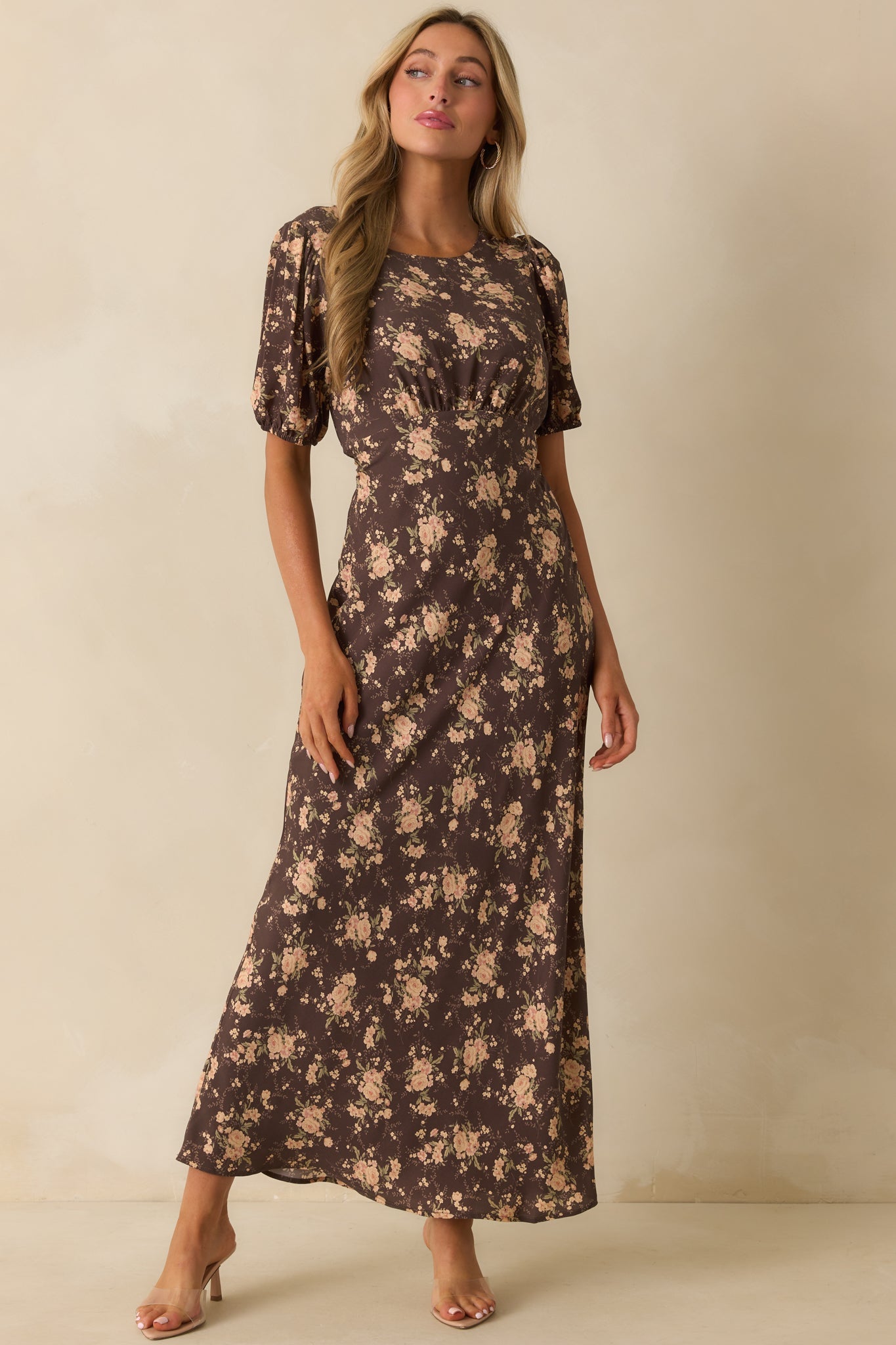 Into The Garden Chocolate Brown Multi Floral Print Maxi Dress