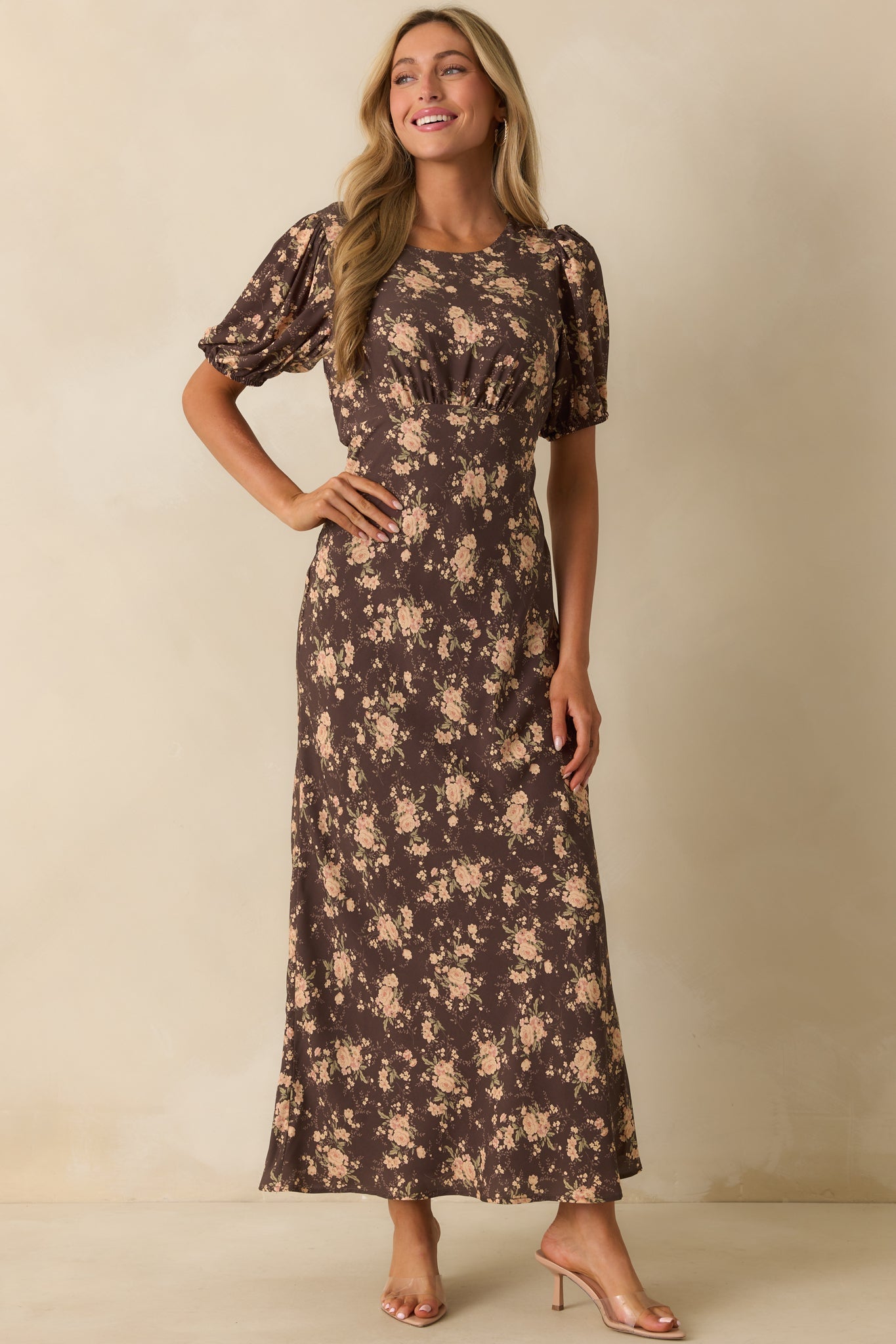Into The Garden Chocolate Brown Multi Floral Print Maxi Dress