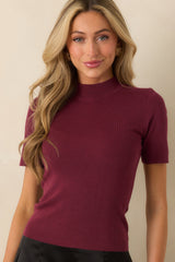 Without Thinking Wine Ribbed Mock Neck Short Sleeve Top