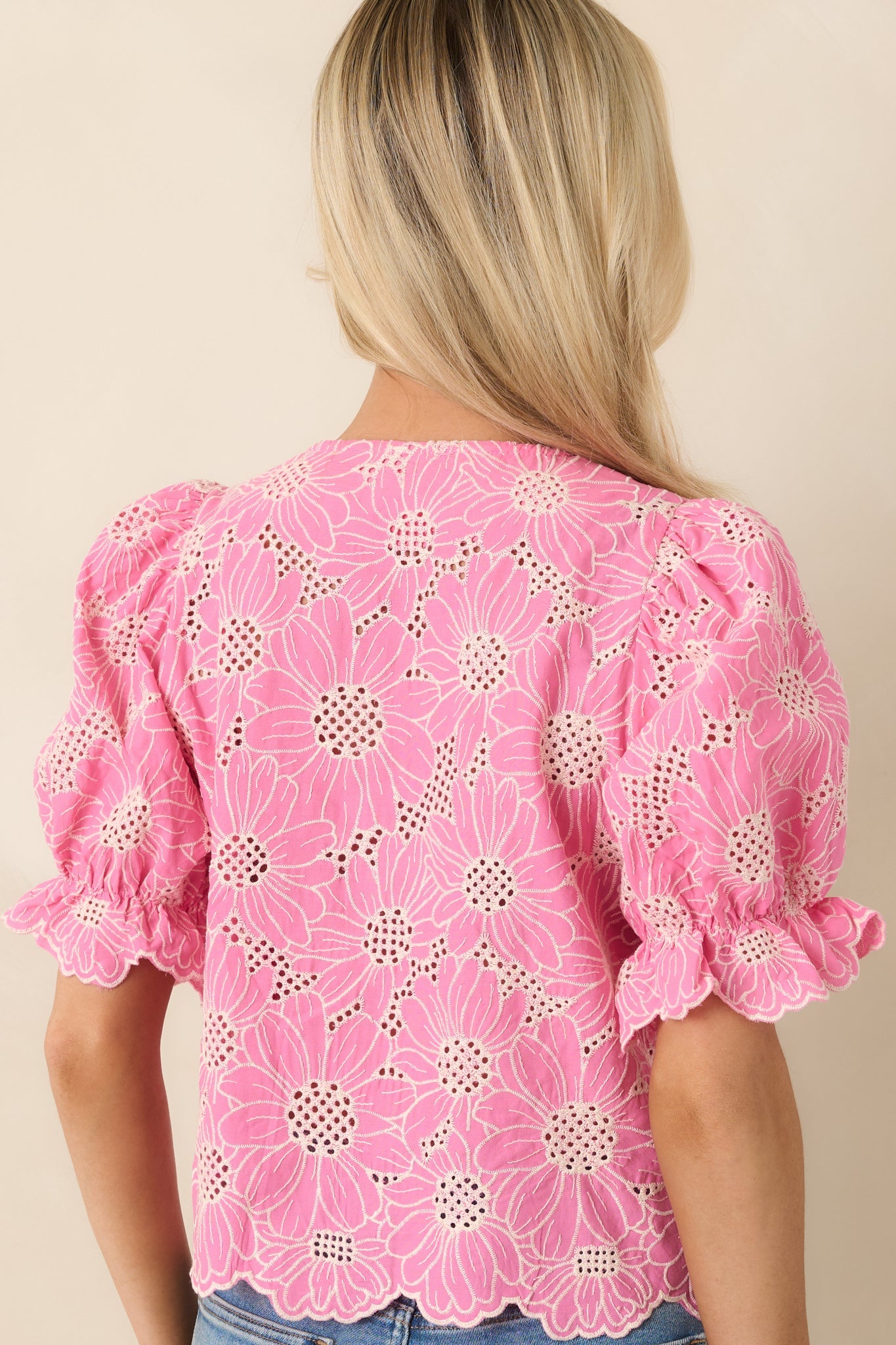 Look At You Pink Cotton Floral Embroidered Button Front Top