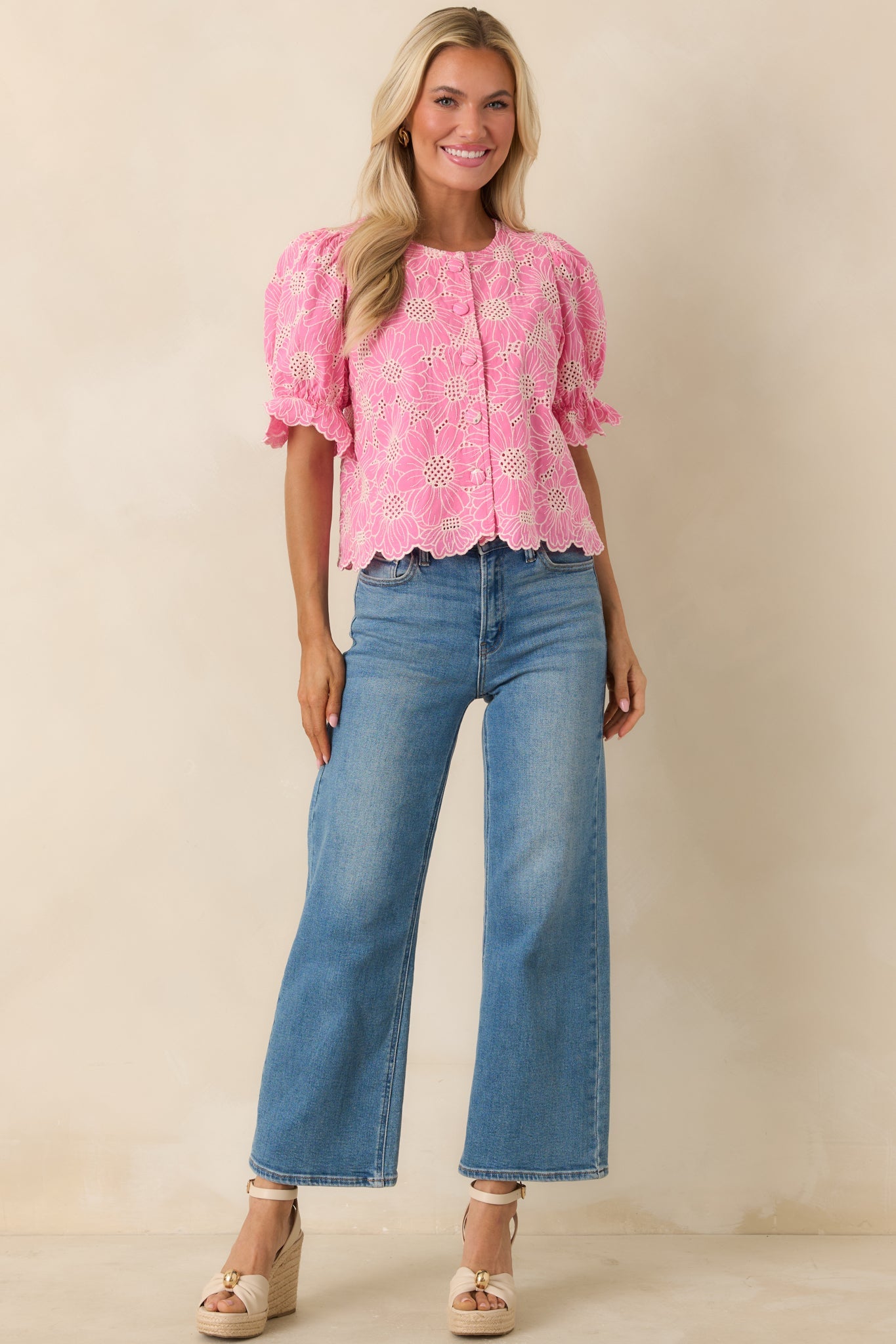 Look At You Pink Cotton Floral Embroidered Button Front Top