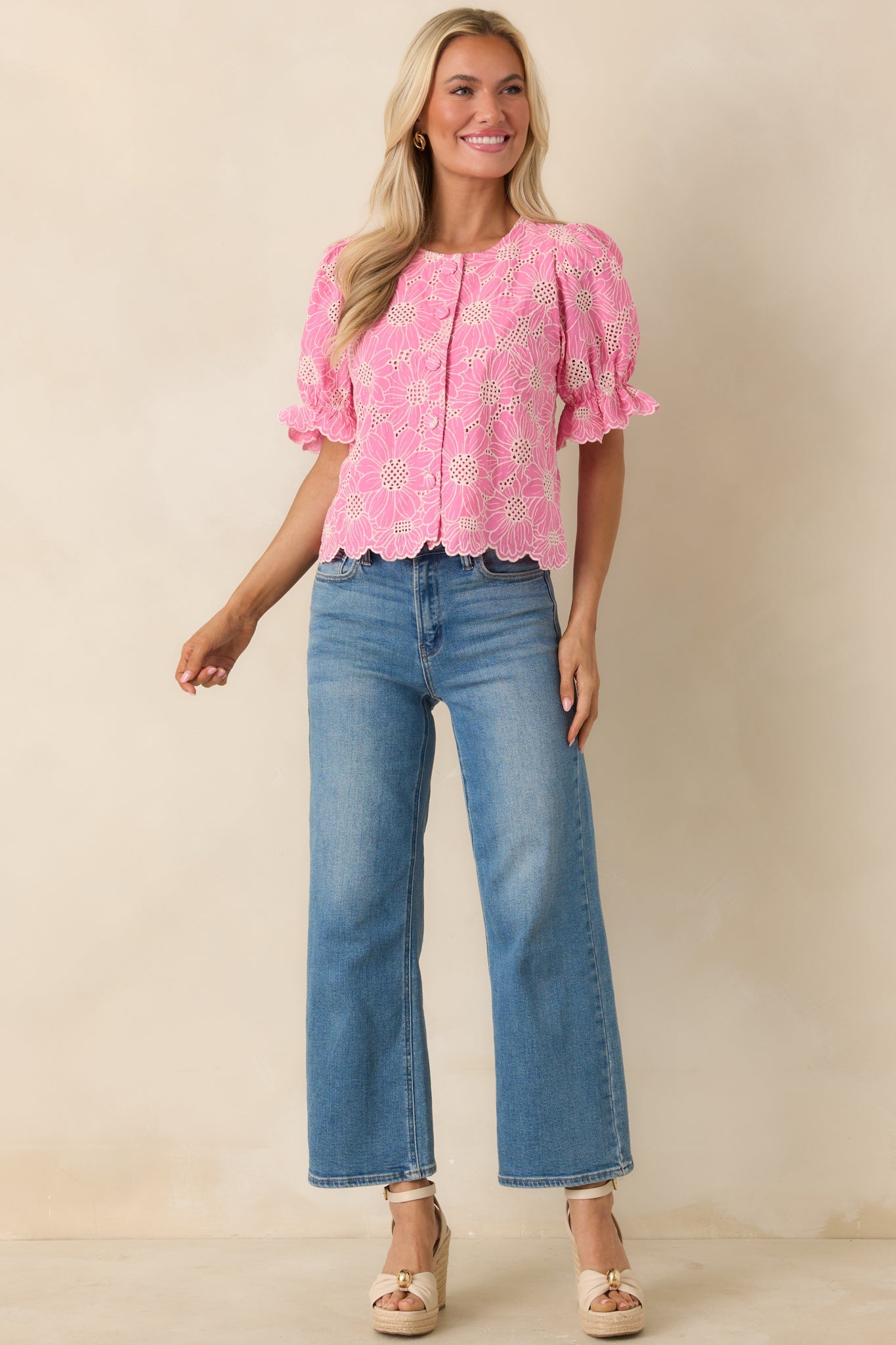 Look At You Pink Cotton Floral Embroidered Button Front Top