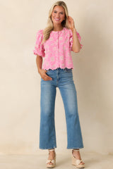 Look At You Pink Cotton Floral Embroidered Button Front Top