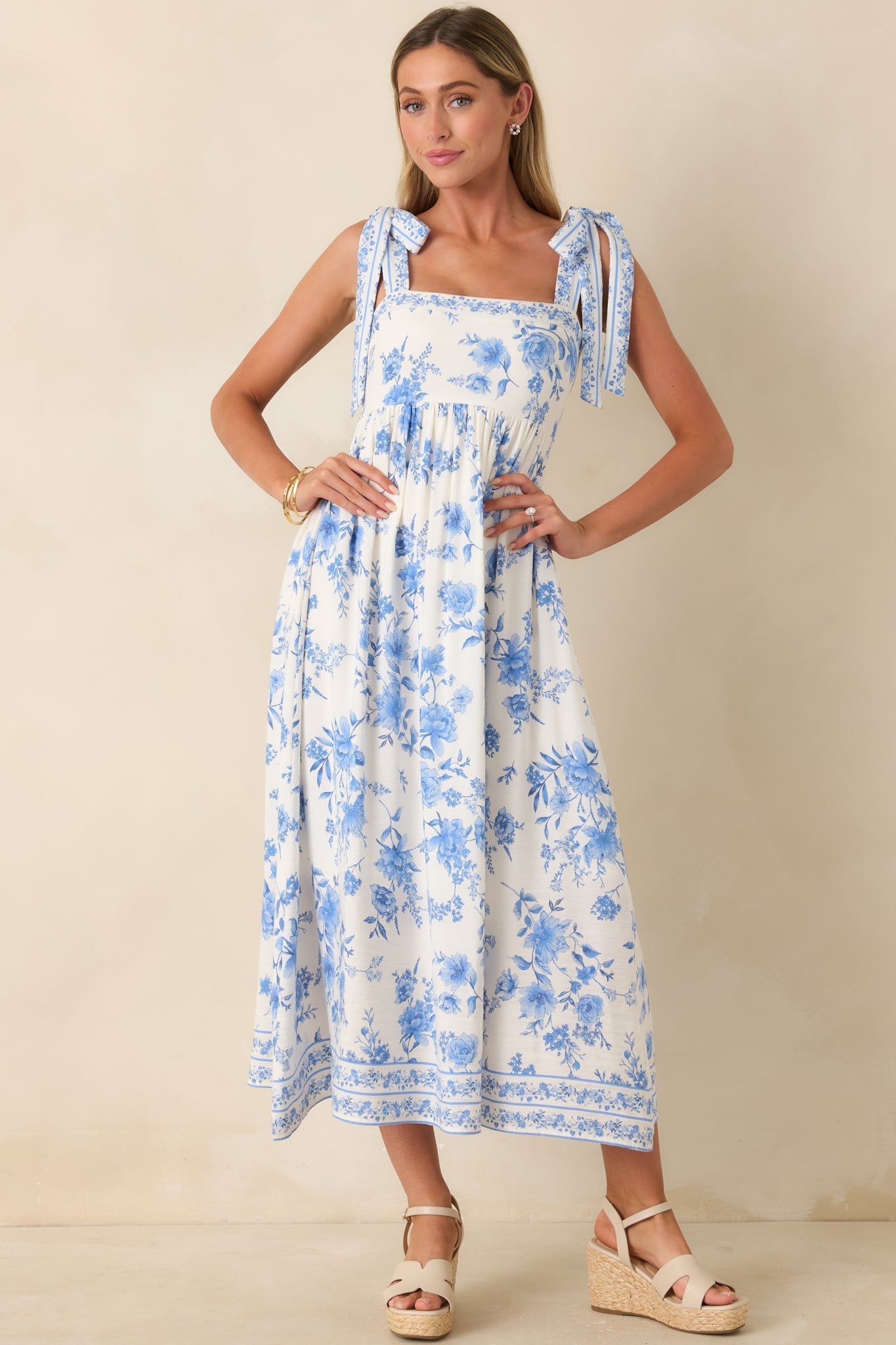 Where Grace Grows Blue Floral Tie Strap Maxi Dress
