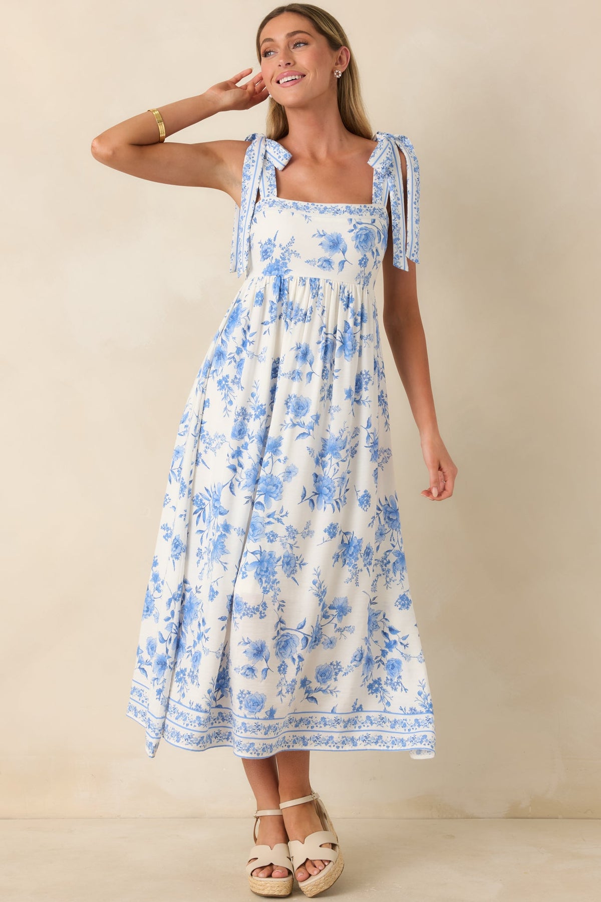 Where Grace Grows Blue Floral Tie Strap Maxi Dress
