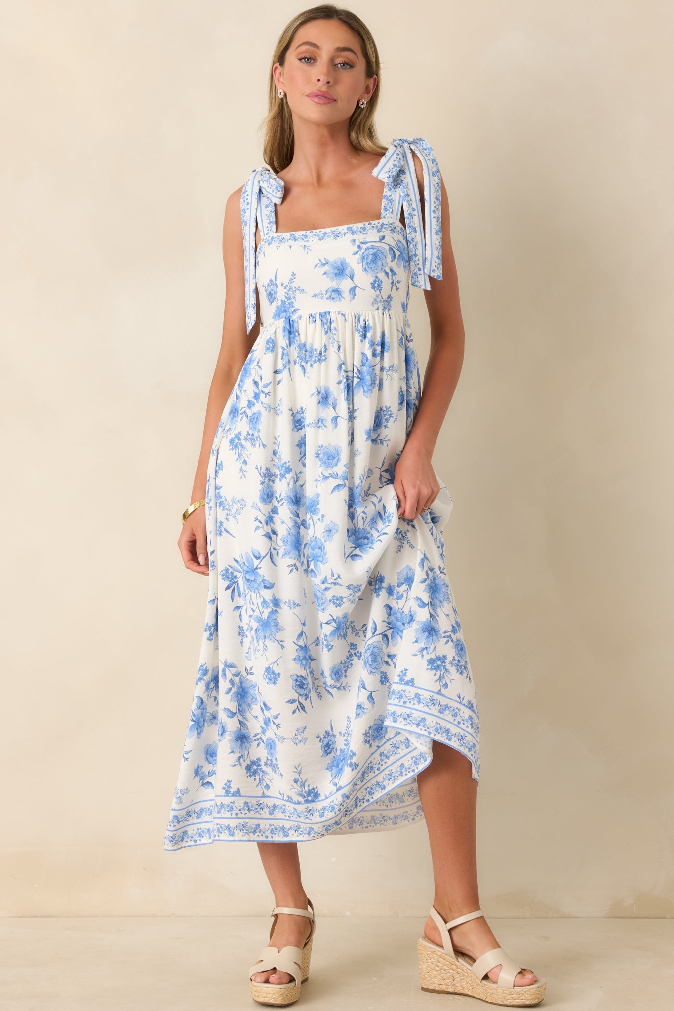 Where Grace Grows Blue Floral Tie Strap Maxi Dress
